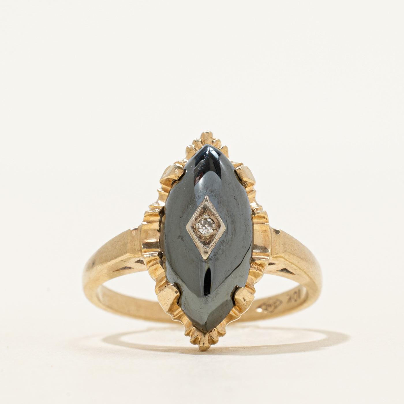 Cabochon Hematite & Diamond Grooved Navette Ring | 4.25ct, 0.005ct | SZ 6.5