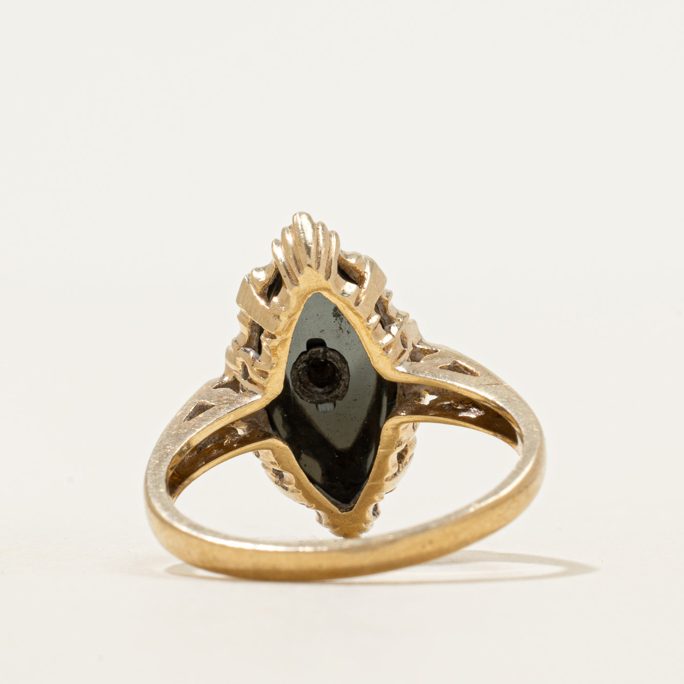 Cabochon Hematite & Diamond Grooved Navette Ring | 4.25ct, 0.005ct | SZ 6.5