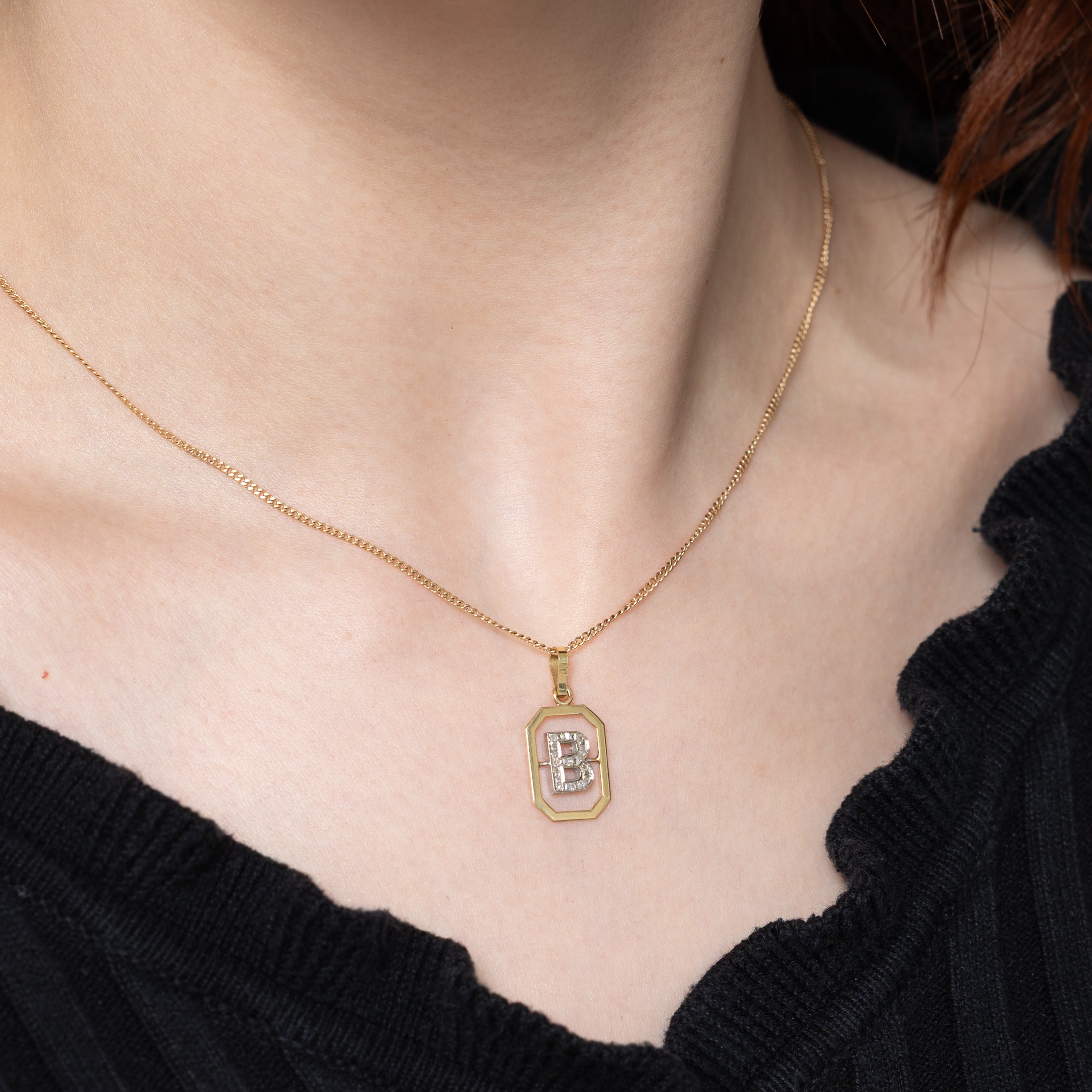 Two-Tone Diamond Octagon "B" Initial Pendant | 0.07ctw
