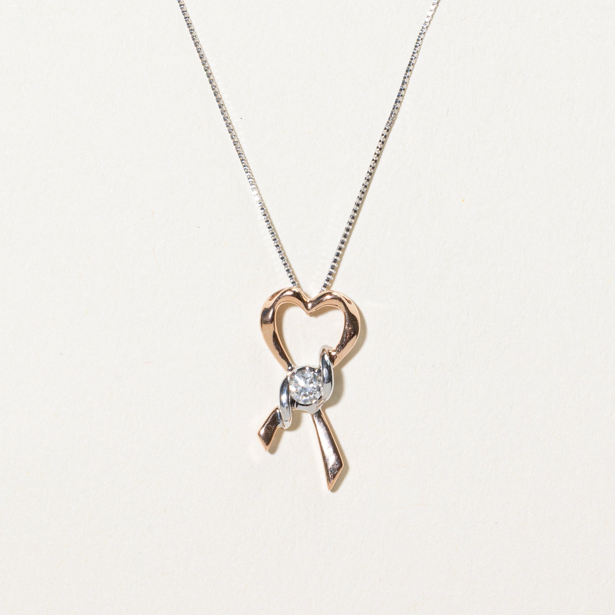 Two-Tone Diamond Heart Ribbon Pendant Necklace | 0.10ct | 20"