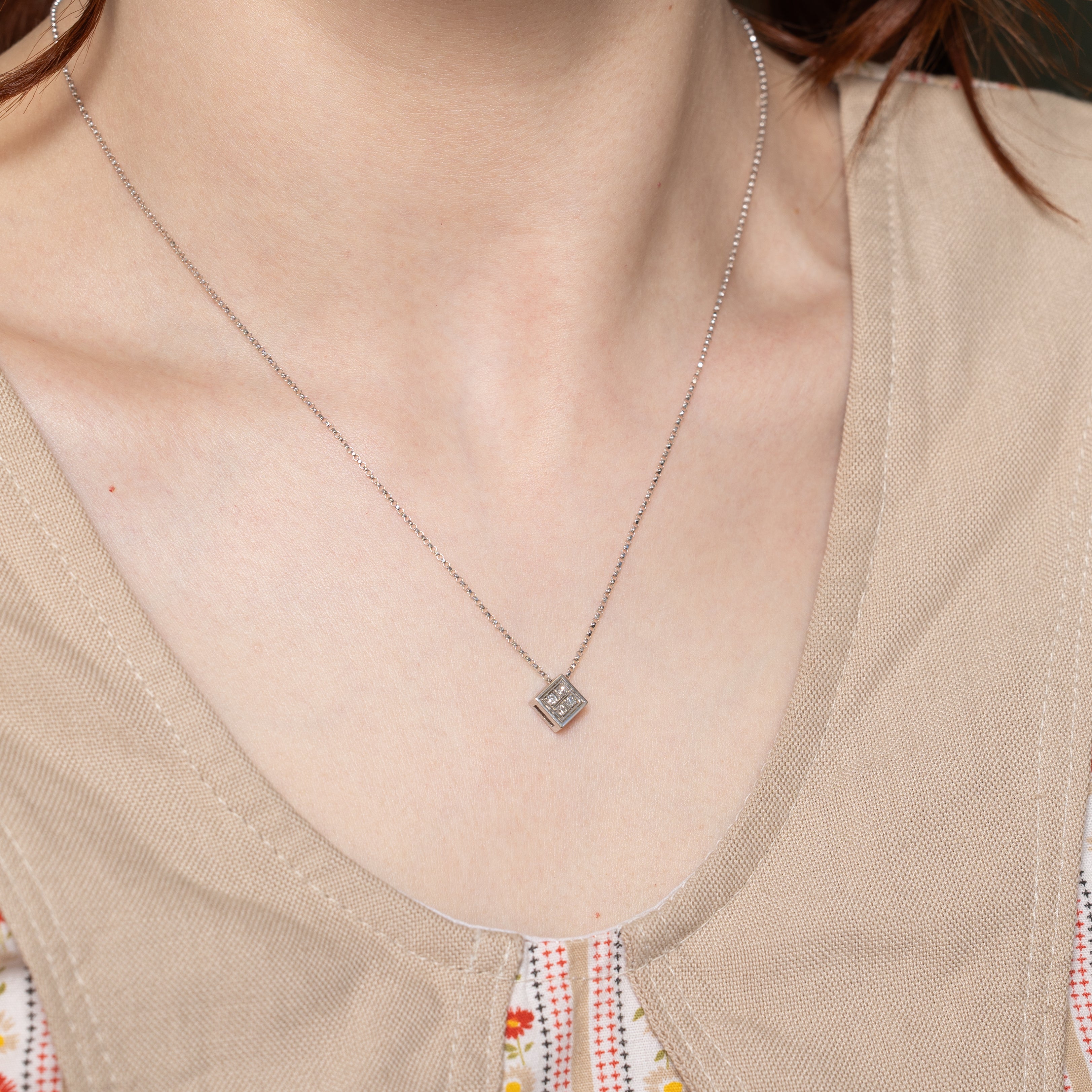 White Gold Diamond Square Pendant Necklace | 0.08ctw | 18"