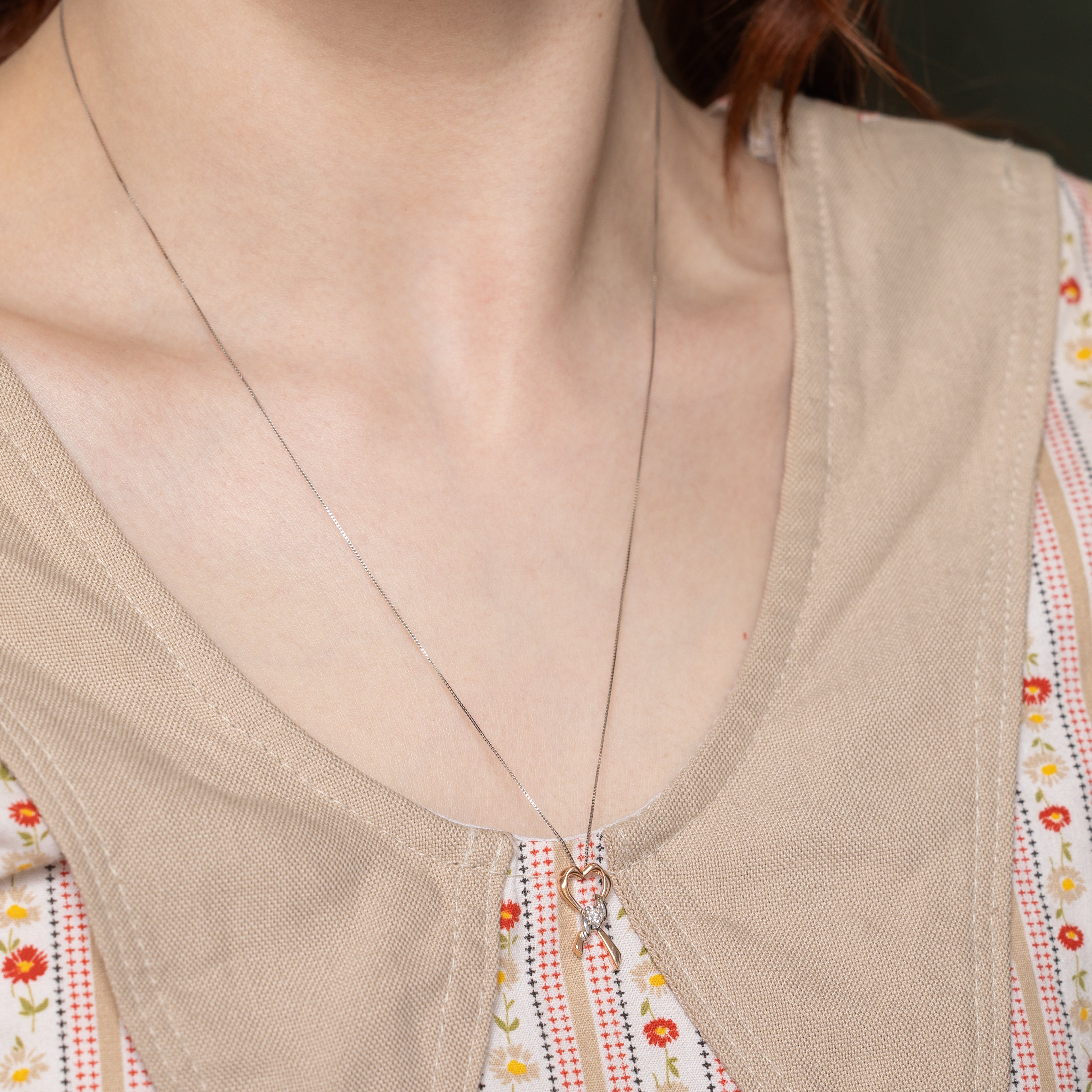 Two-Tone Diamond Heart Ribbon Pendant Necklace | 0.10ct | 20"