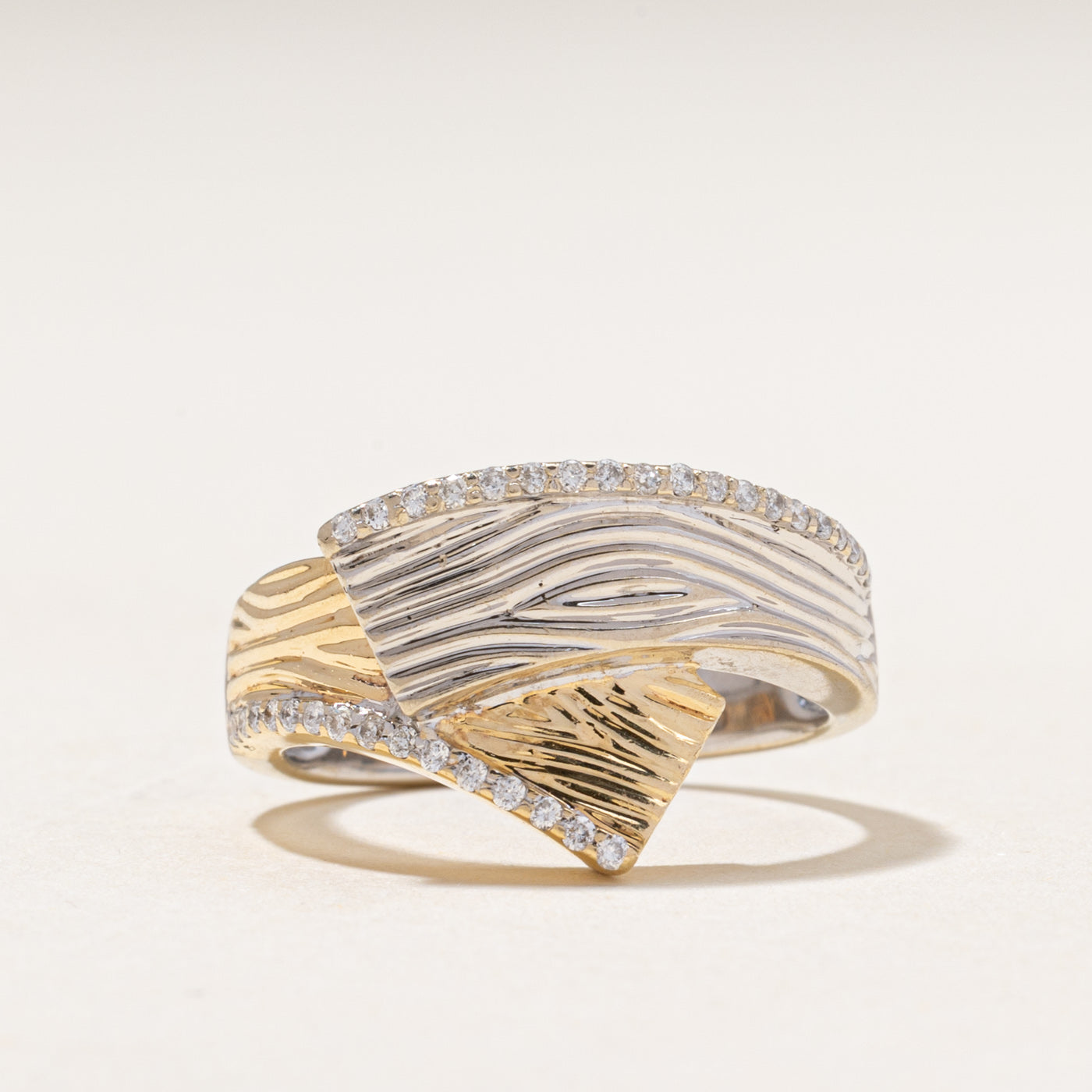 Two Tone Diamond Engraved Bypass Ring | 0.16ctw | SZ 7.25