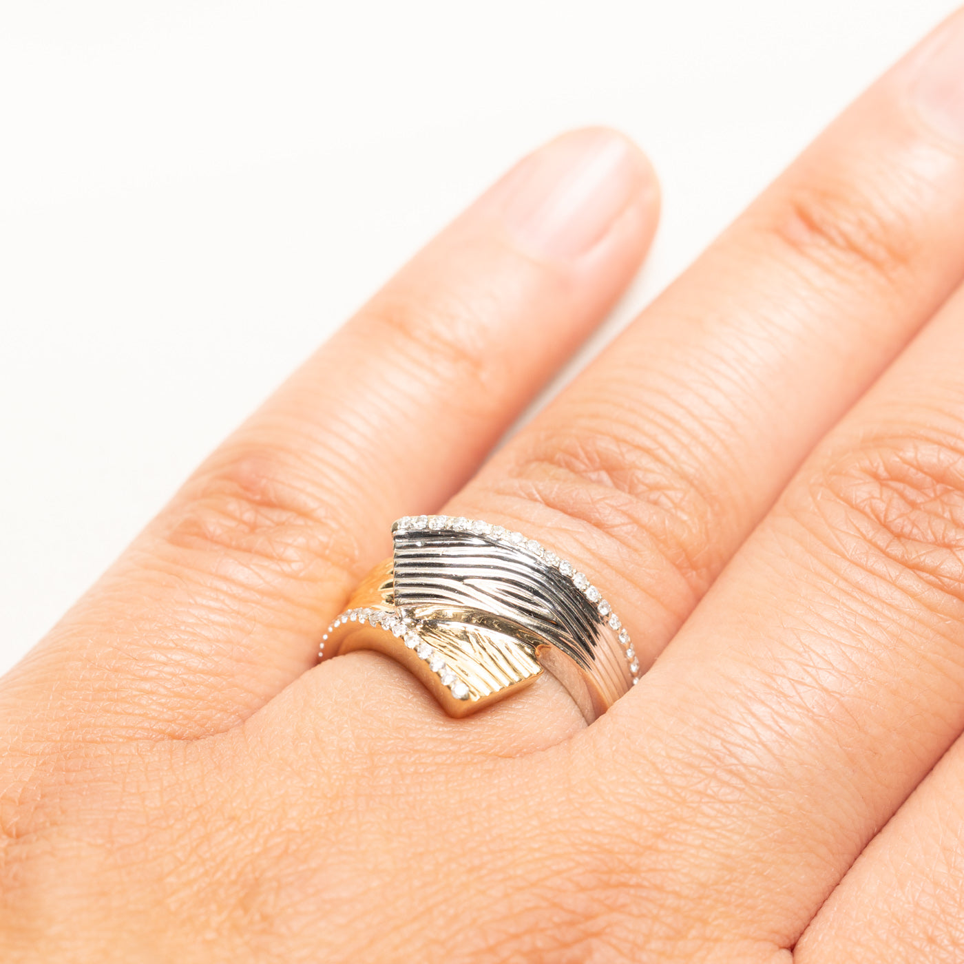 Two Tone Diamond Engraved Bypass Ring | 0.16ctw | SZ 7.25