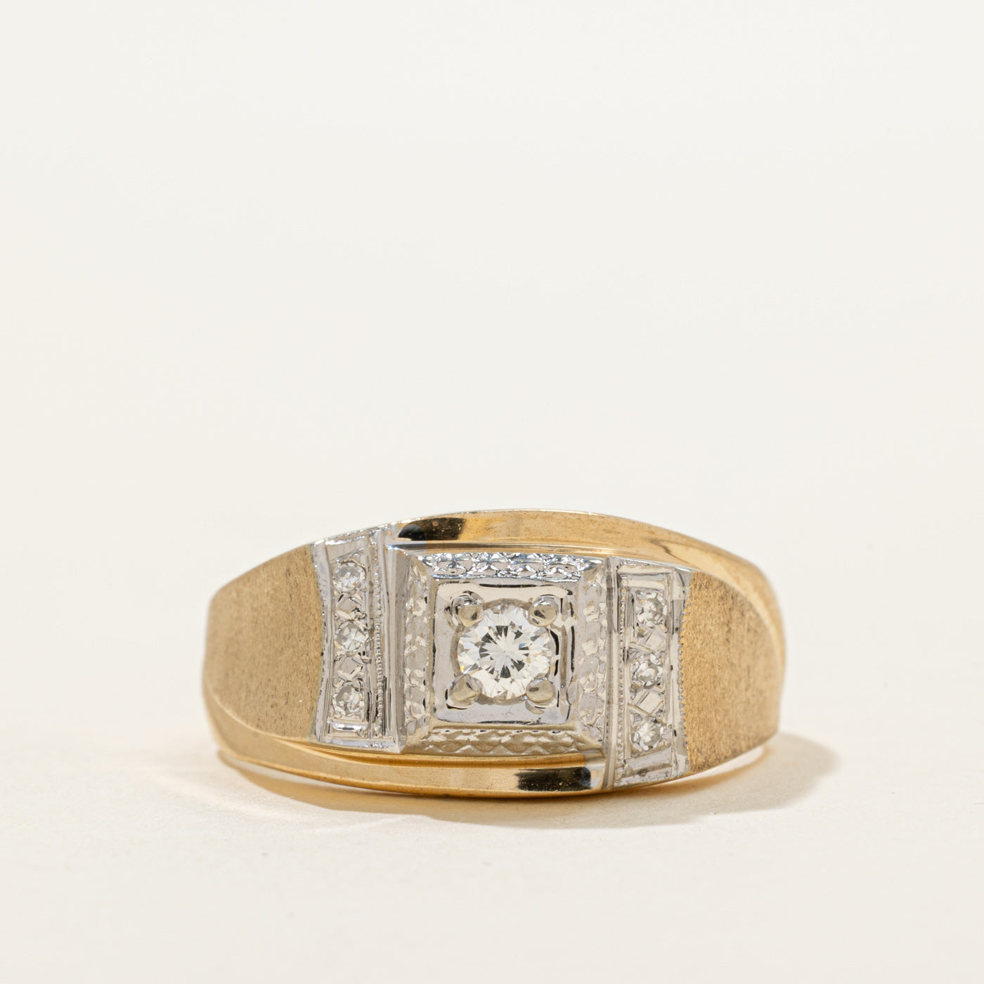 Two Tone Diamond Textured Signet Ring | 0.22ctw | SZ 11