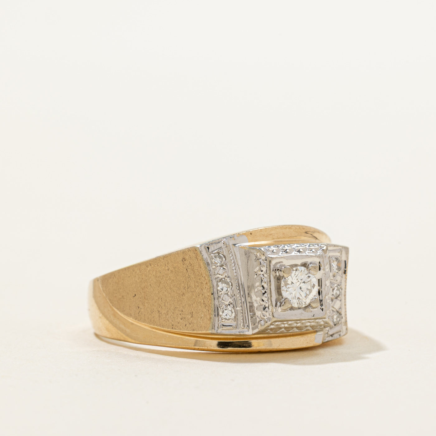 Two Tone Diamond Textured Signet Ring | 0.22ctw | SZ 11