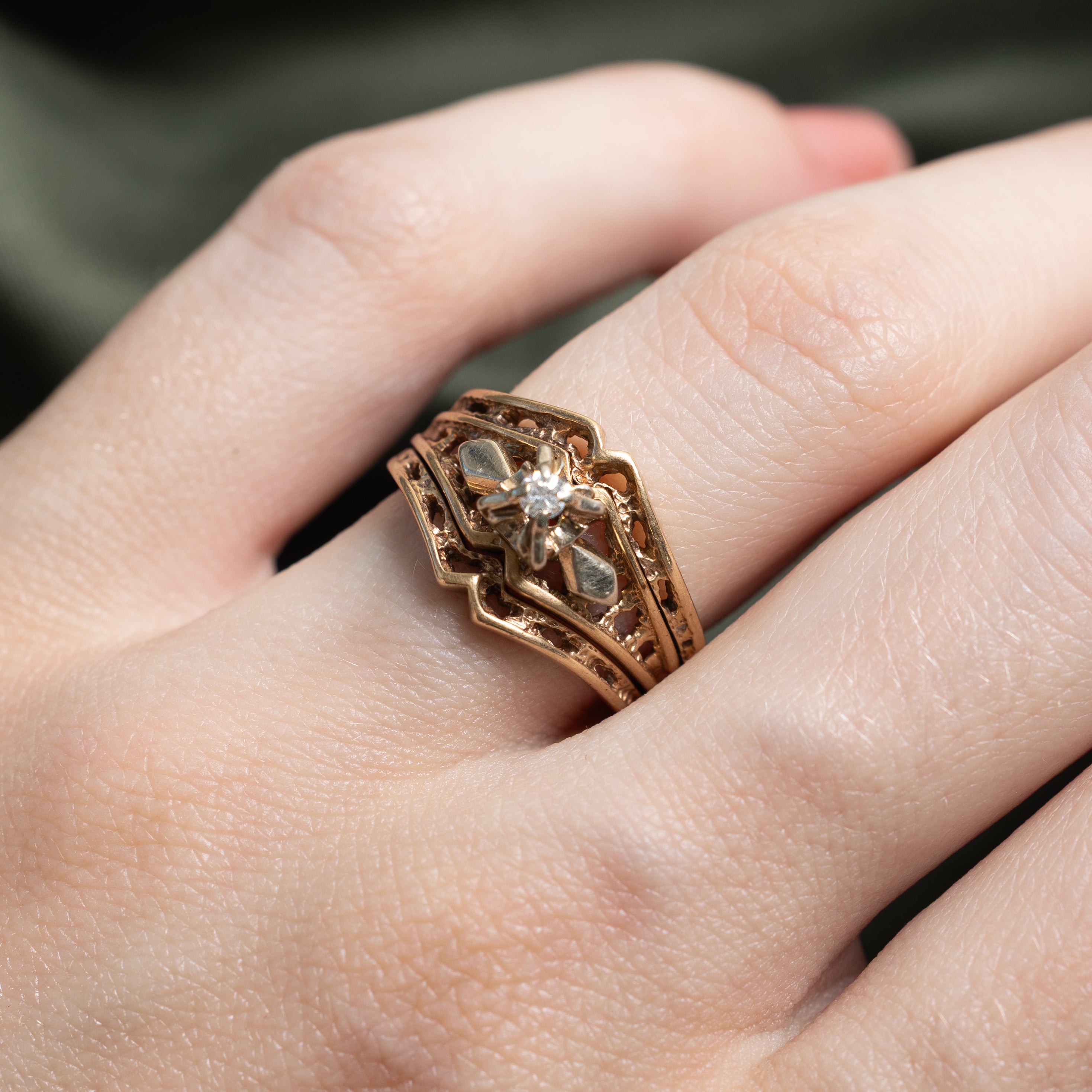 Two Tone Diamond Textured Openwork Ring | 0.05ct | SZ 5.5
