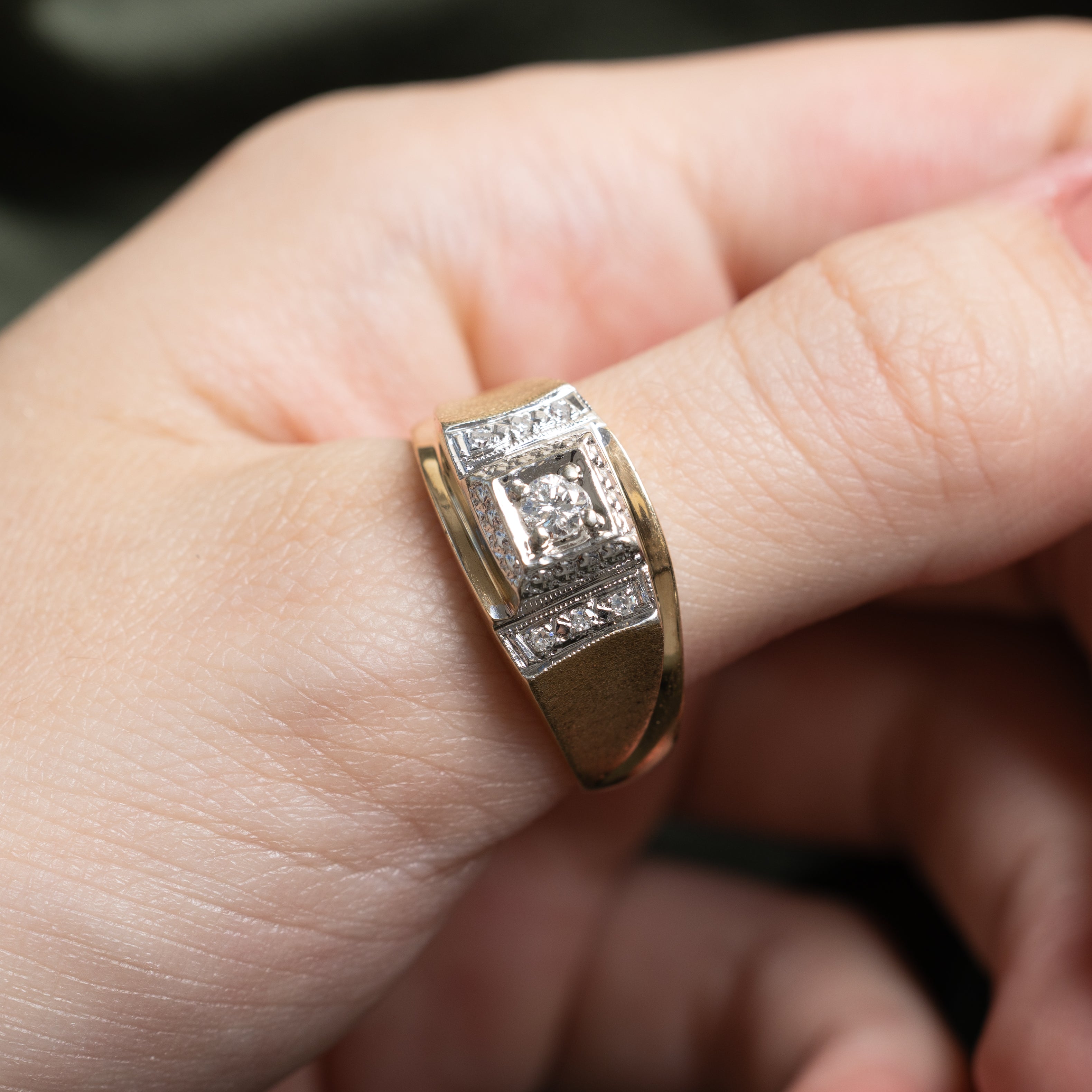 Two Tone Diamond Textured Signet Ring | 0.22ctw | SZ 11