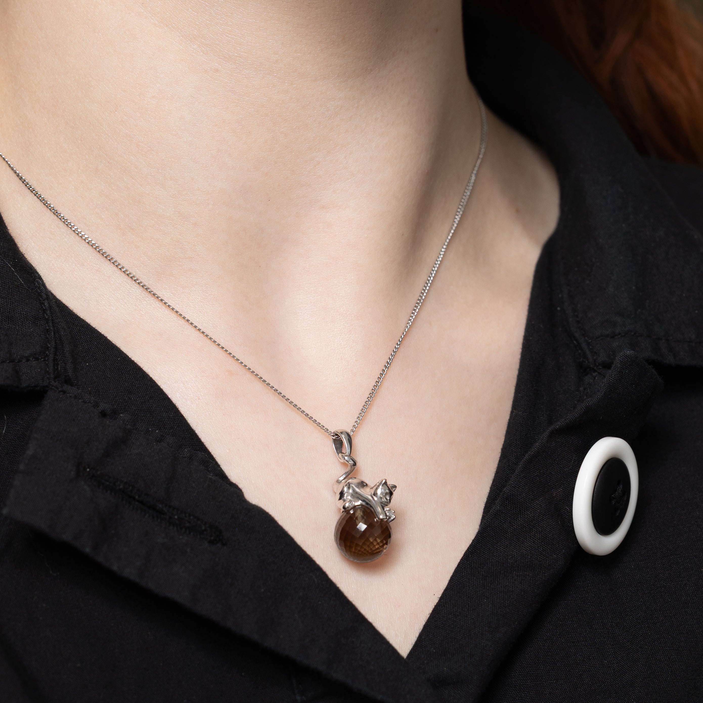 Smoky Quartz & Diamond Cat with Yarn Pendant | 9.59ct, 0.04ctw