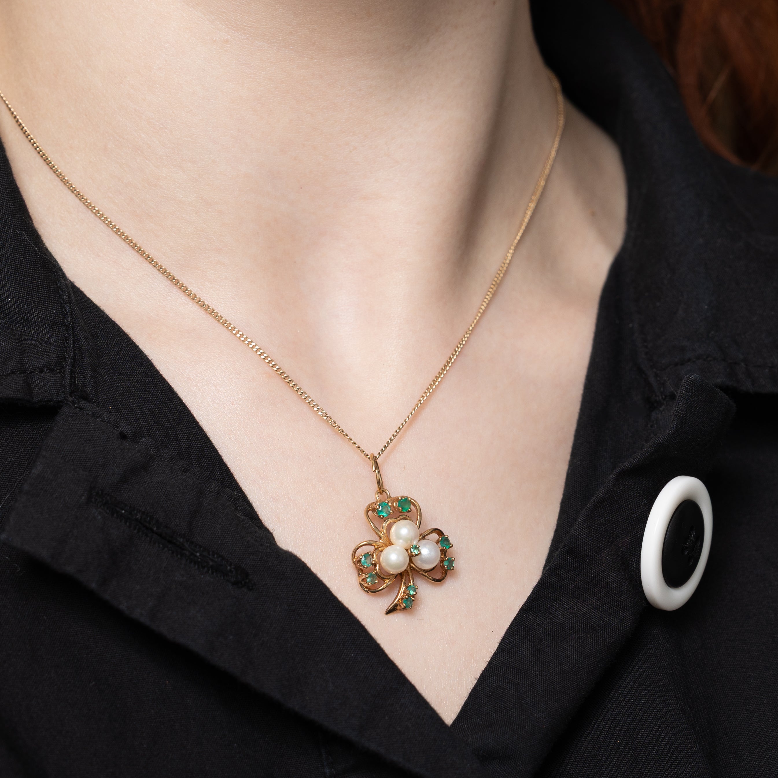 Emerald & Pearl Openwork Cloverleaf Charm | 0.30ctw