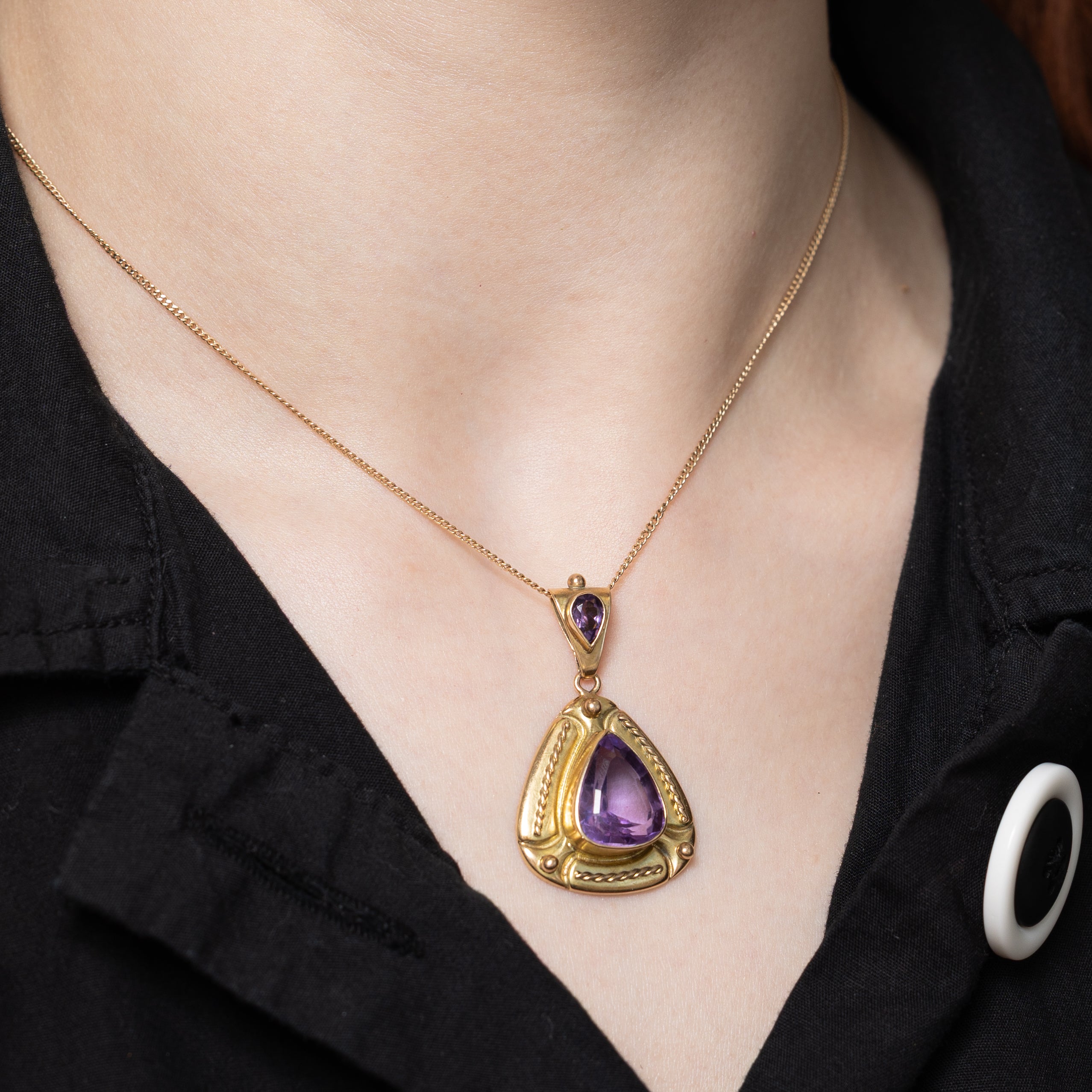 Bezel Set Pear Cut Amethyst Ornate Pendant | 7.80ctw