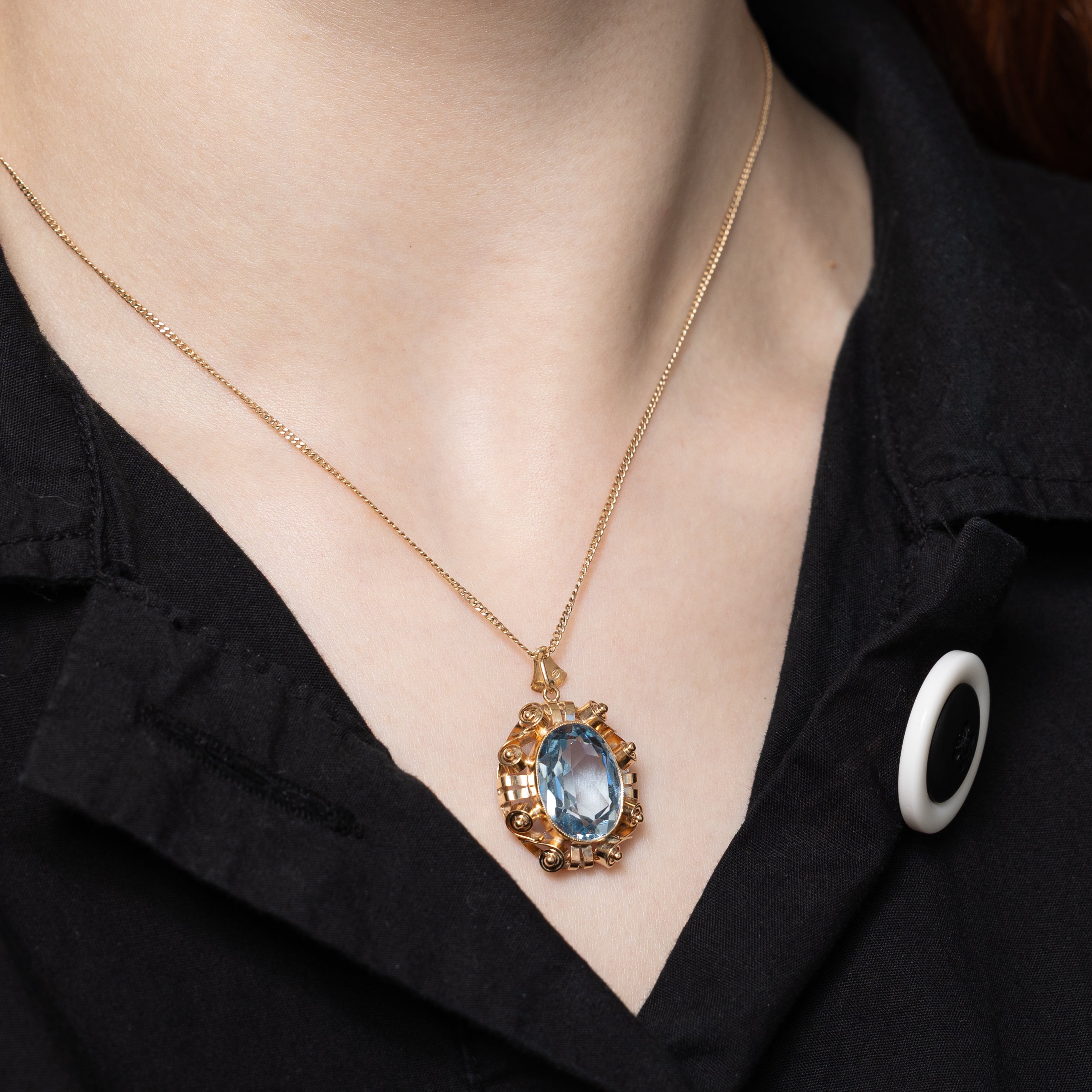 Bezel Set Blue Topaz Scrollwork Pendant | 3.58ct