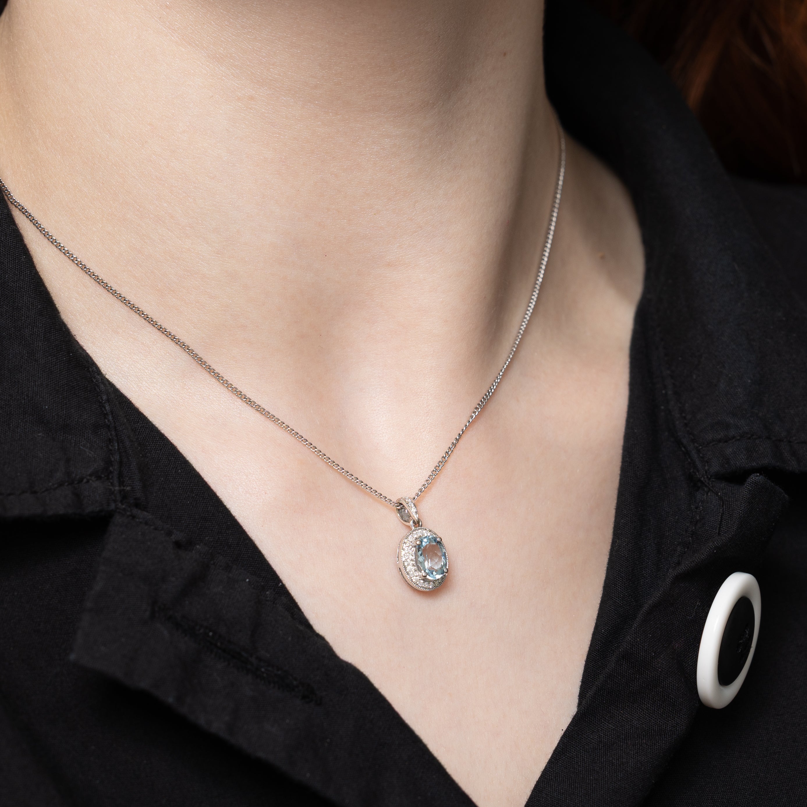 Oval Cut Aquamarine & Diamond Halo Pendant | 0.90ct, 0.15ctw