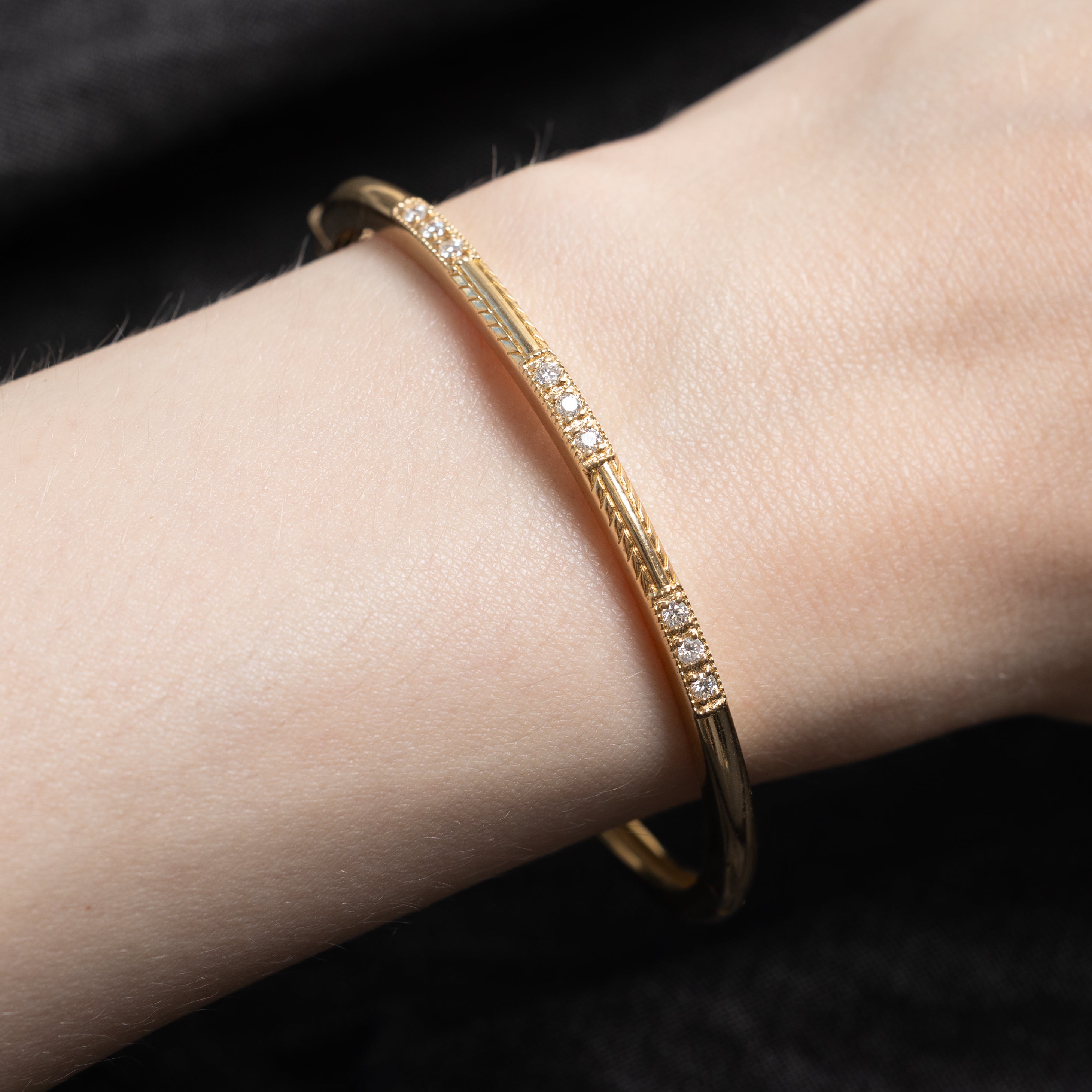 Yellow Gold Diamond Engraved Bangle | 0.25ctw | 6"