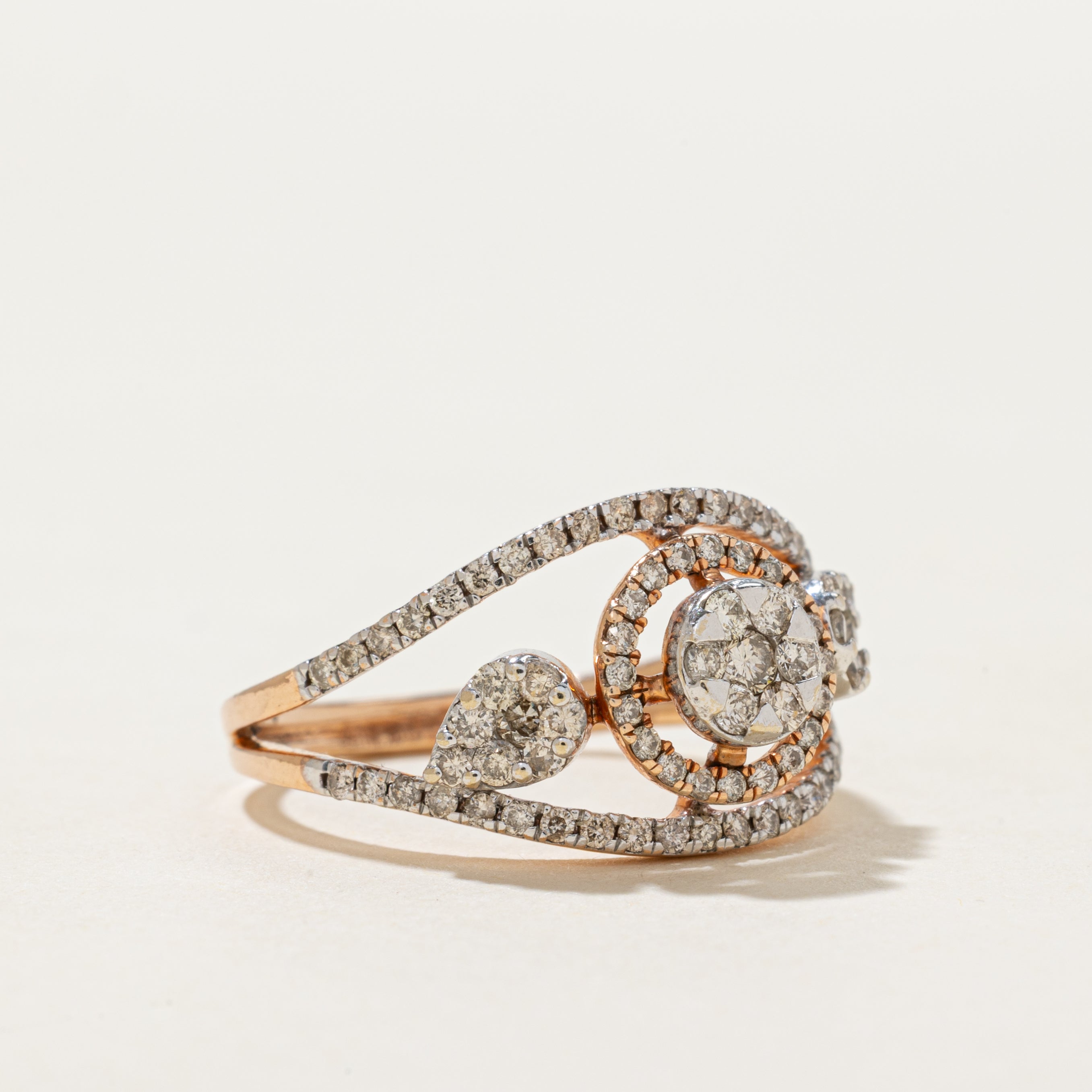 Rose Gold Pave Set Diamond Cluster Split Shank Ring | 0.82ctw | SZ 7
