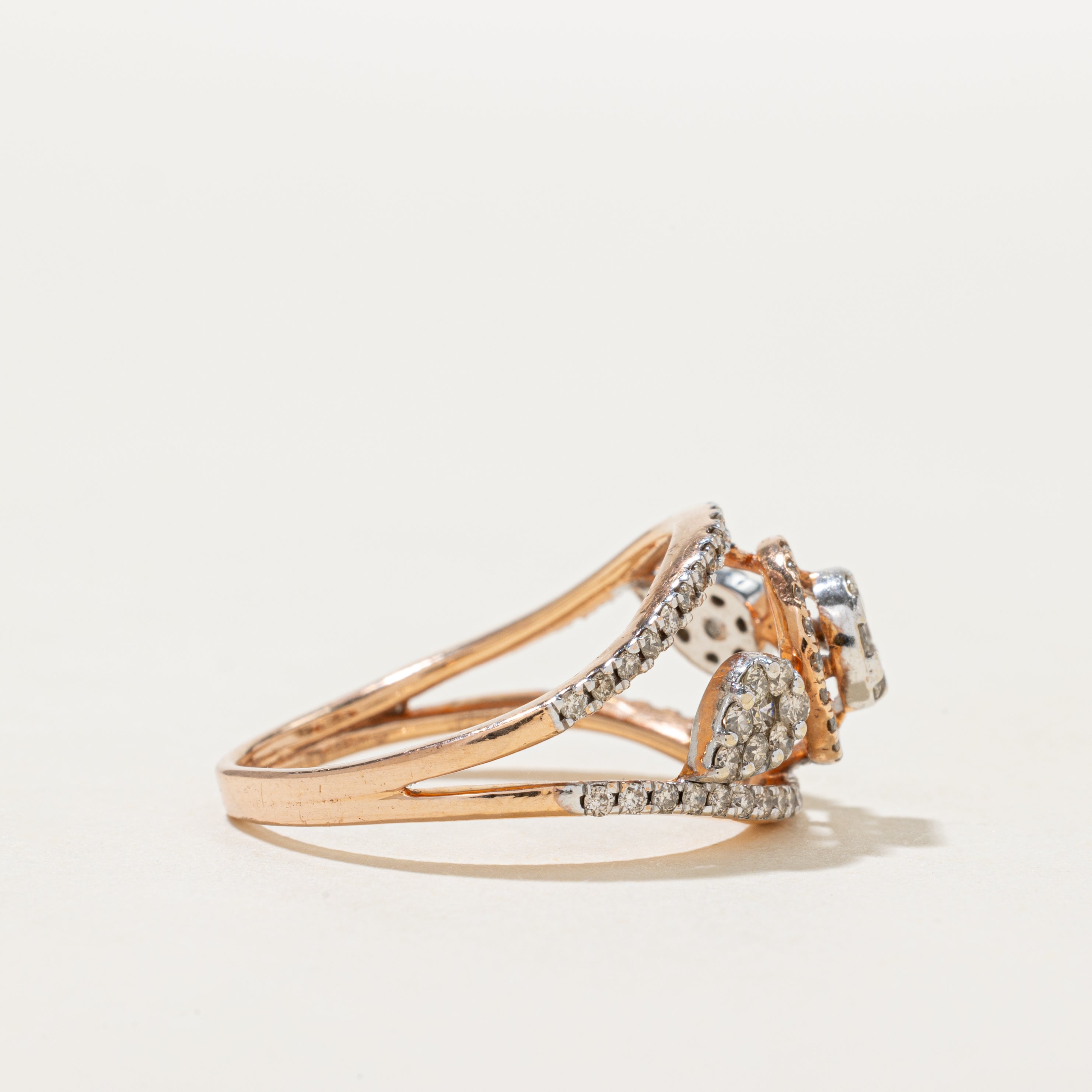Rose Gold Pave Set Diamond Cluster Split Shank Ring | 0.82ctw | SZ 7