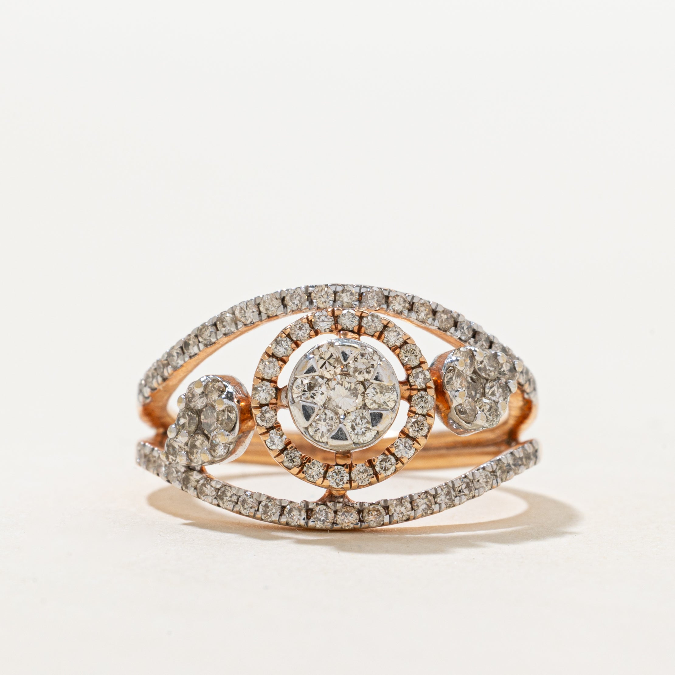 Rose Gold Pave Set Diamond Cluster Split Shank Ring | 0.82ctw | SZ 7