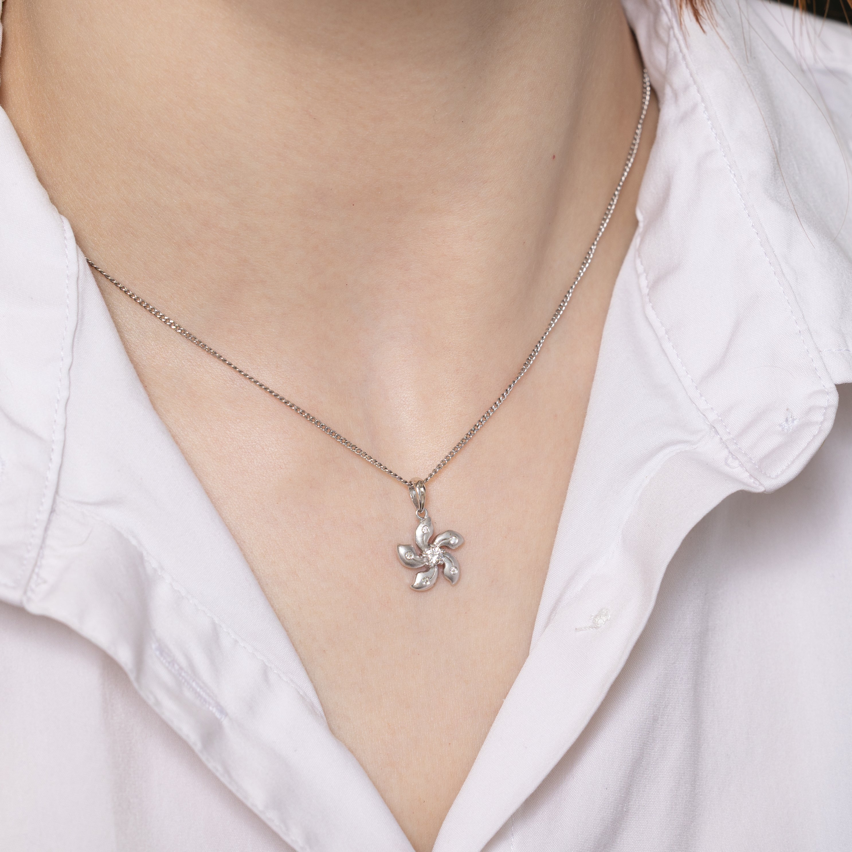 18k Diamond Matte Jasmine Flower Pendant | 0.13ctw