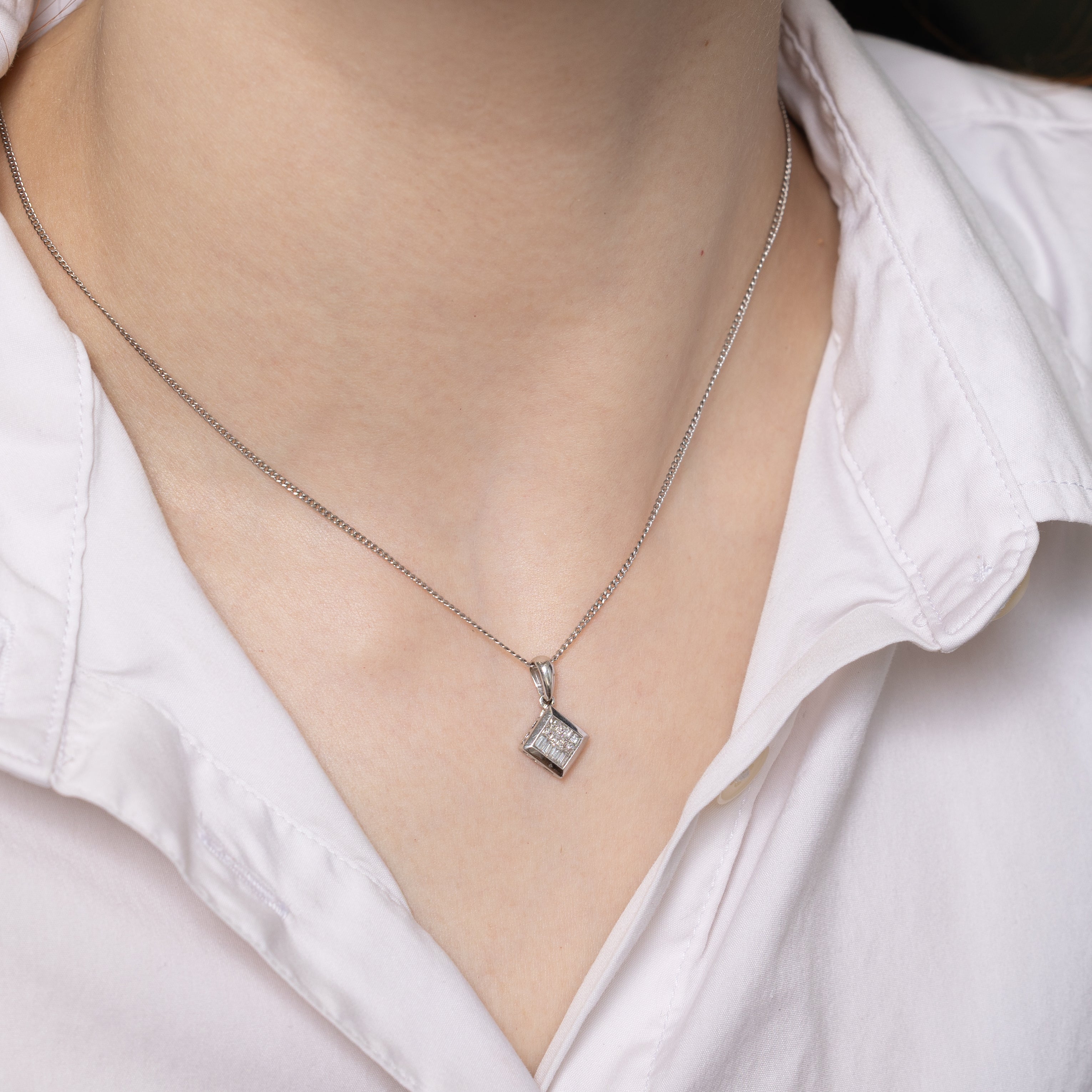 White Gold Princess Cut Diamond Grid Pendant | 0.22ctw