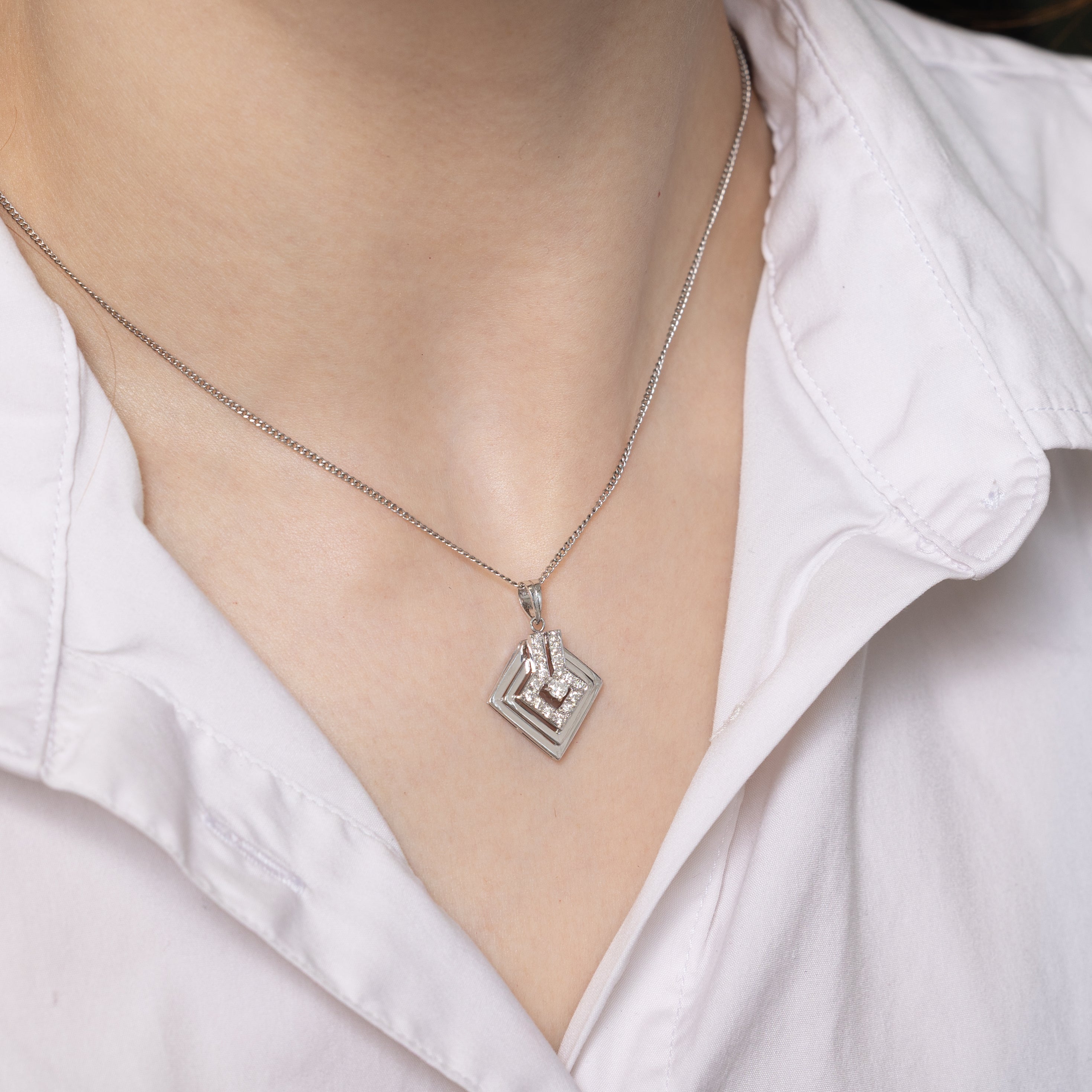 White Gold Diamond Cluster Geometric Pendant | 0.30ctw