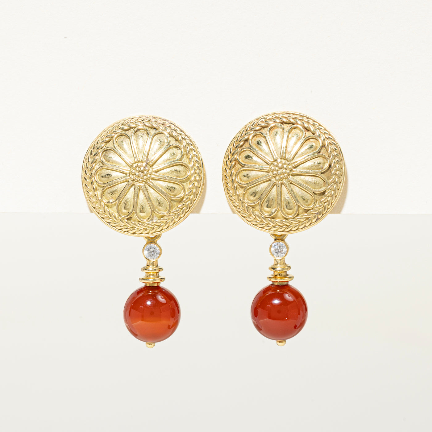 18k Carnelian & Diamond Floral Disc Clip-On Earrings | 12.00ctw, 0.15ct