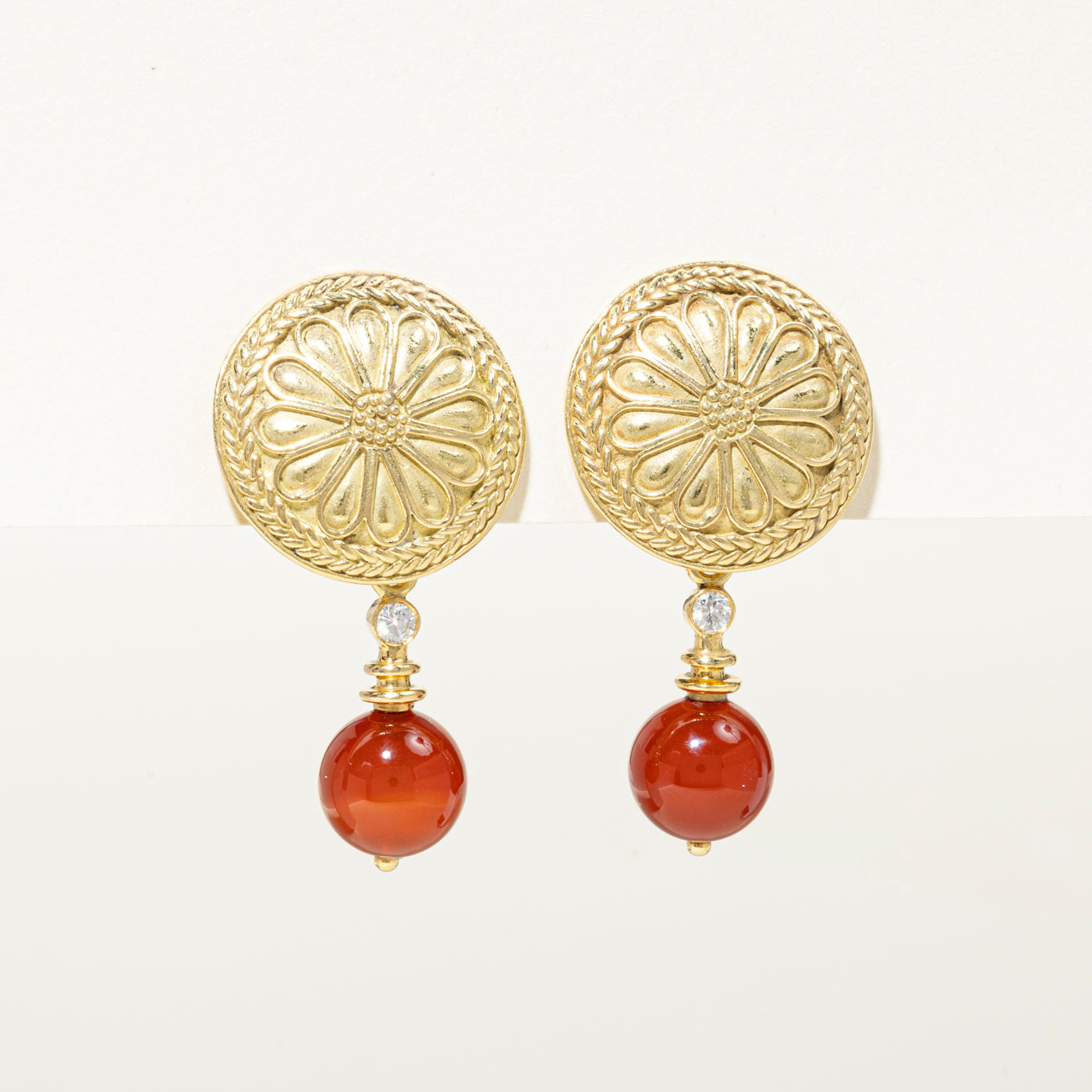 18k Carnelian & Diamond Floral Disc Clip-On Earrings | 12.00ctw, 0.15ct