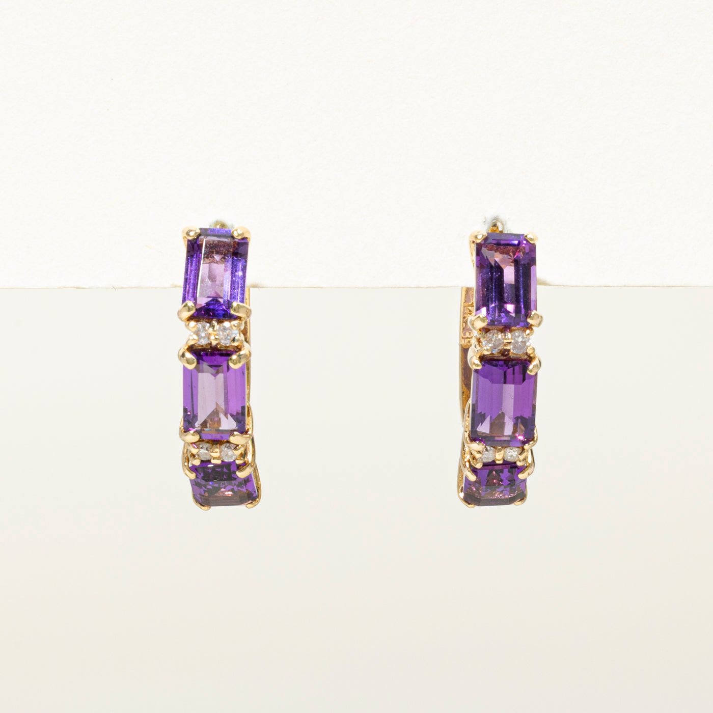 Three Stone Amethyst & Diamond Hoop Earrings | 2.70ctw, 0.08ct