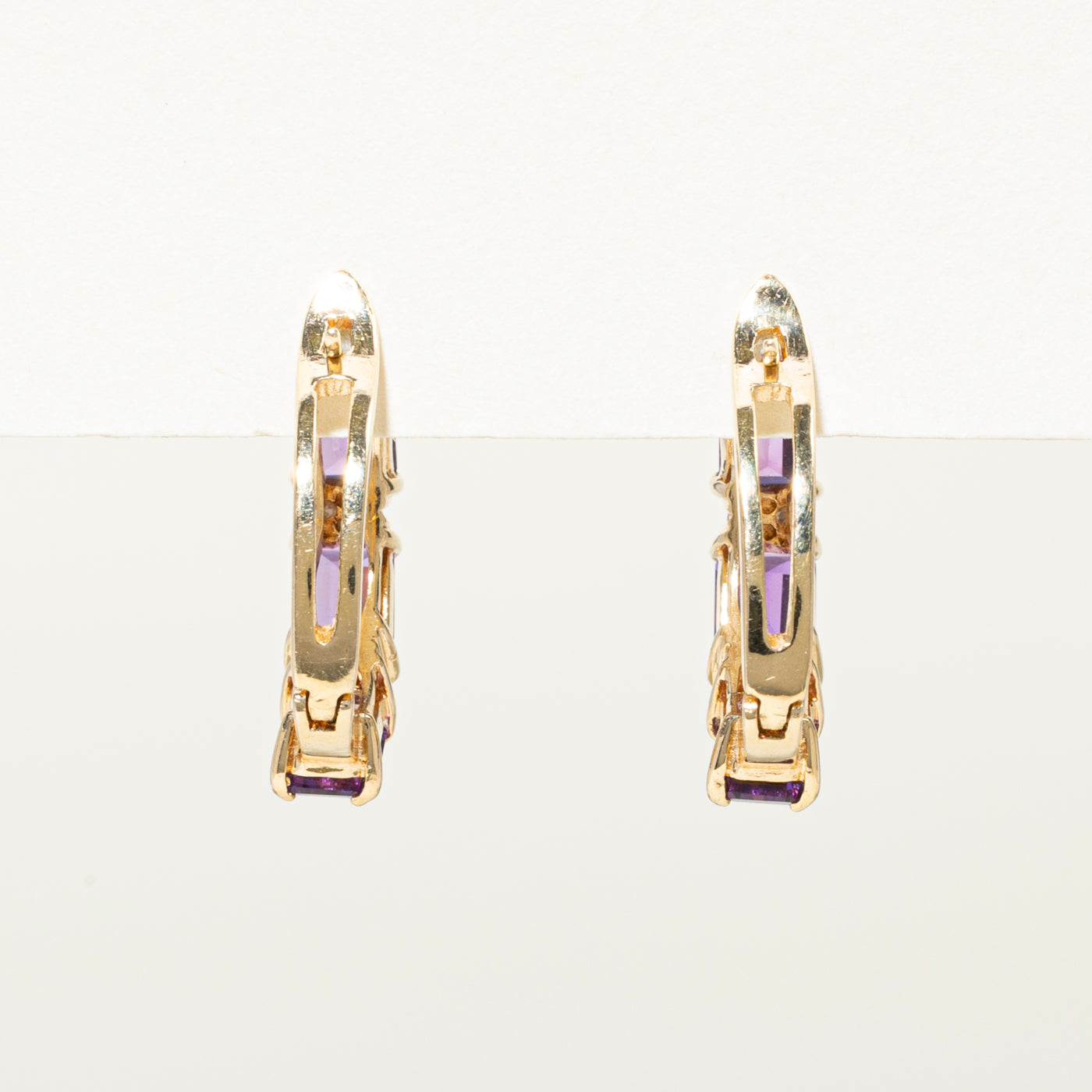 Three Stone Amethyst & Diamond Hoop Earrings | 2.70ctw, 0.08ct