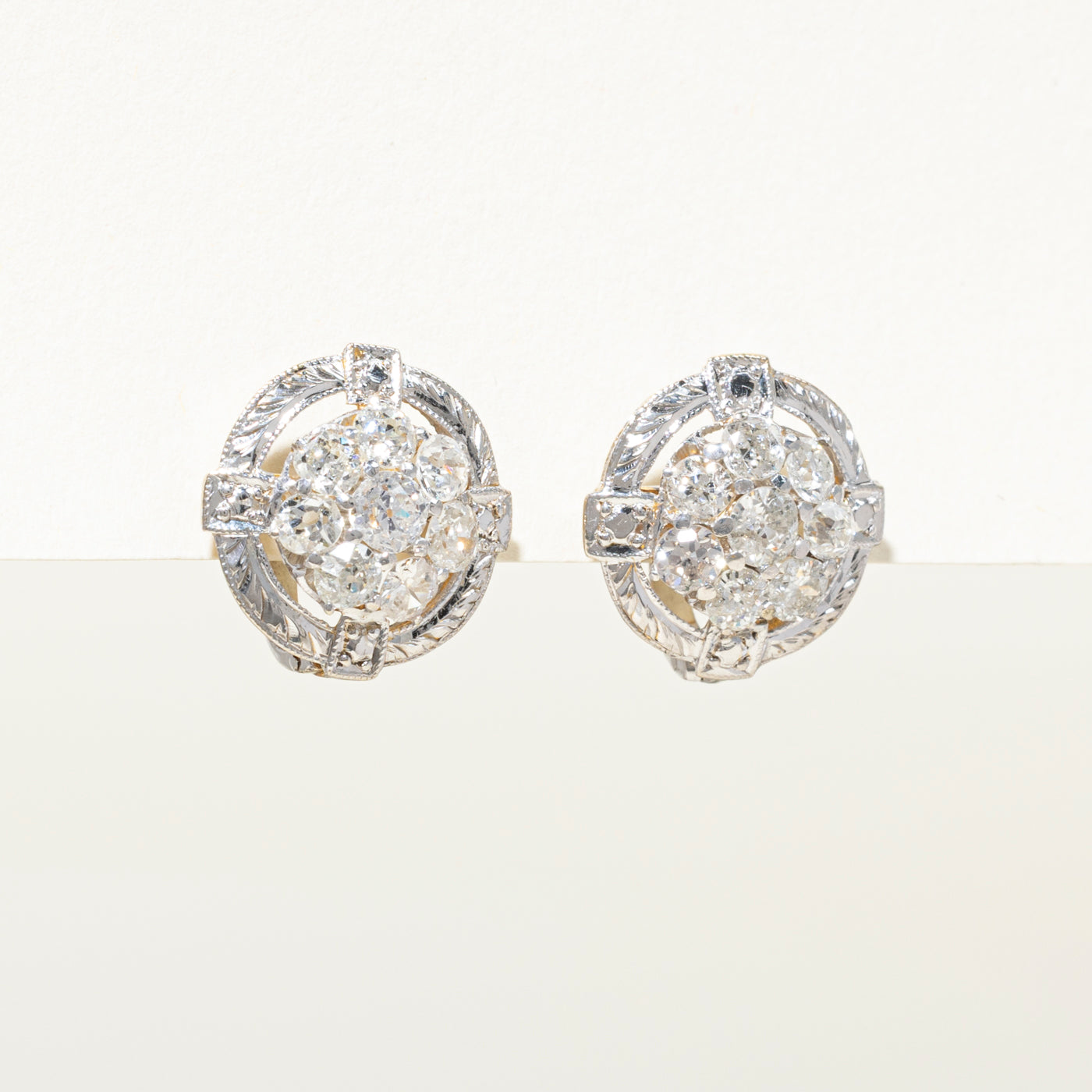 Old European Cut Diamond Cluster Engraved Stud Earrings | 1.96ctw