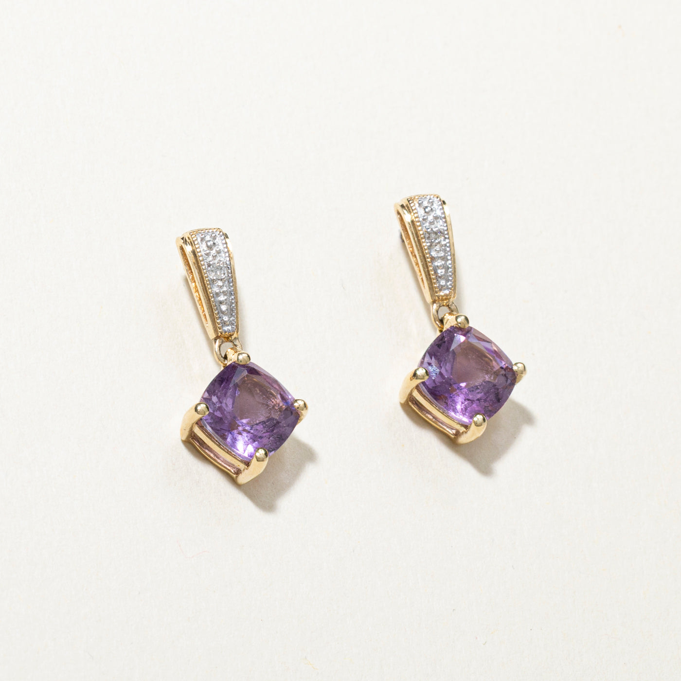 Square Cut Amethyst & Diamond Drop Earrings | 3.60ctw, 0.02ct