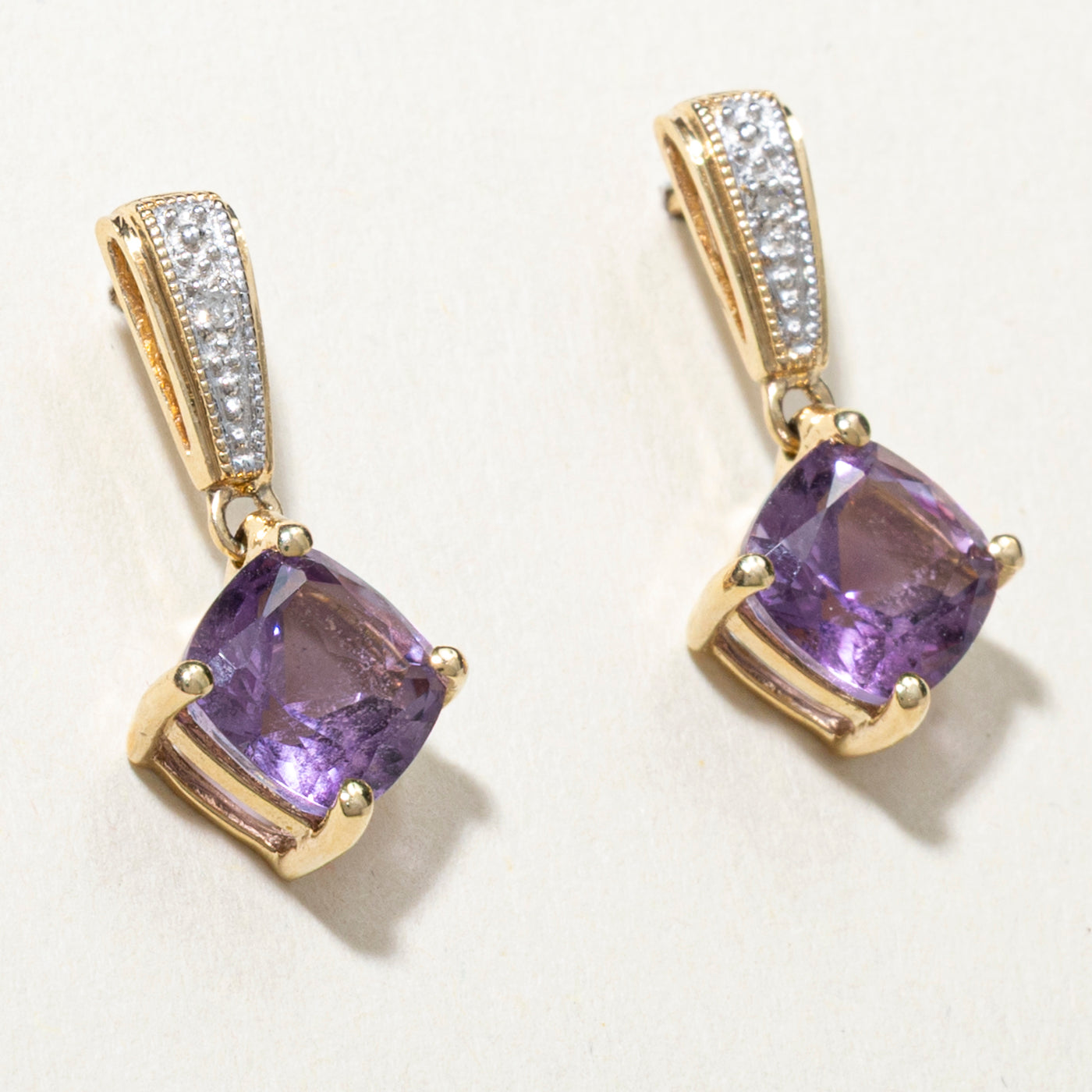 Square Cut Amethyst & Diamond Drop Earrings | 3.60ctw, 0.02ct
