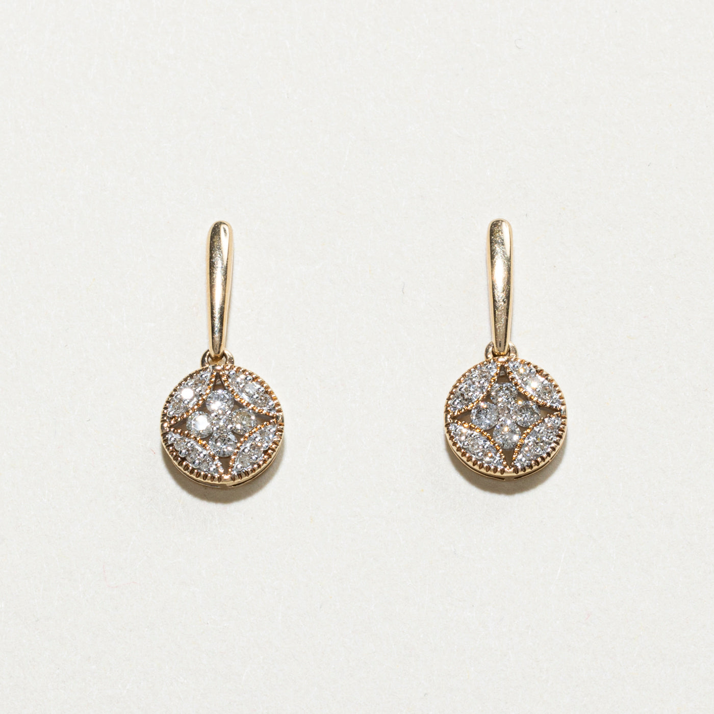 Yellow Gold Diamond Circle Cluster Drop Earrings | 0.23ct