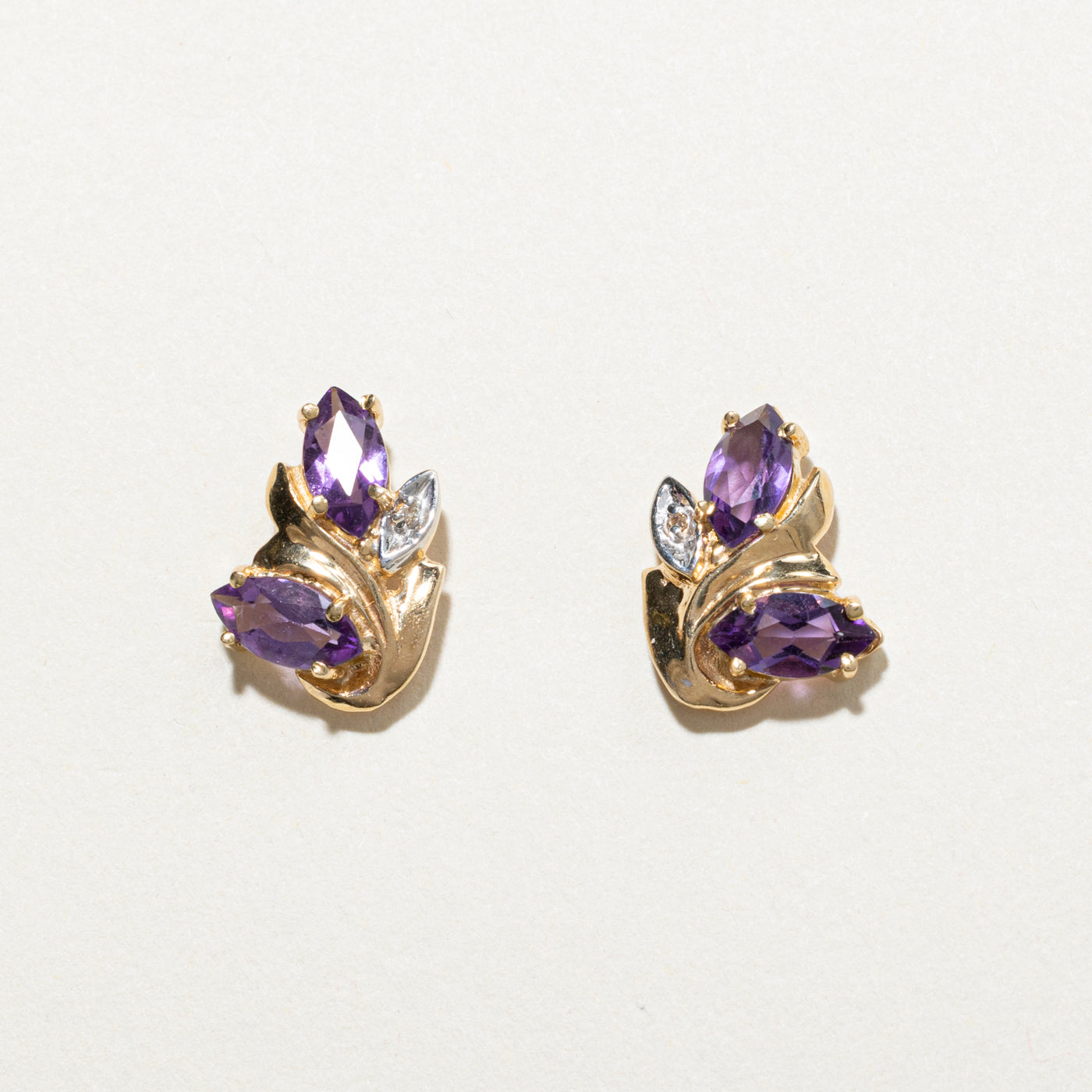 Marquise Cut Amethyst & Diamond Stud Earrings | 1.50ctw, 0.01ct