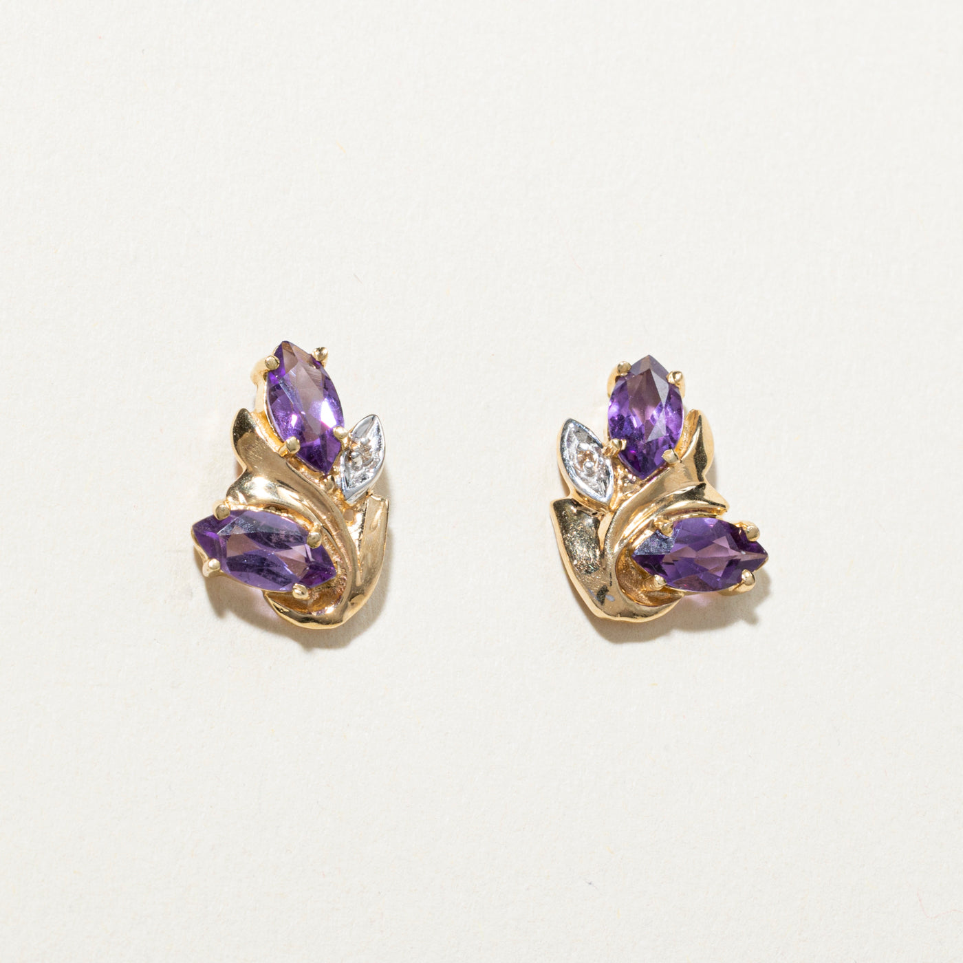 Marquise Cut Amethyst & Diamond Stud Earrings | 1.50ctw, 0.01ct