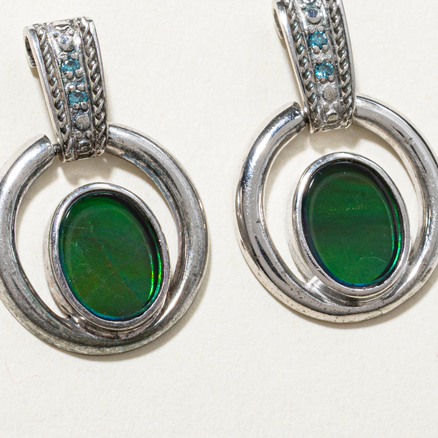 Sterling Silver Ammolite & Blue Diamond Drop Earrings | 2.00ctw, 0.04ct