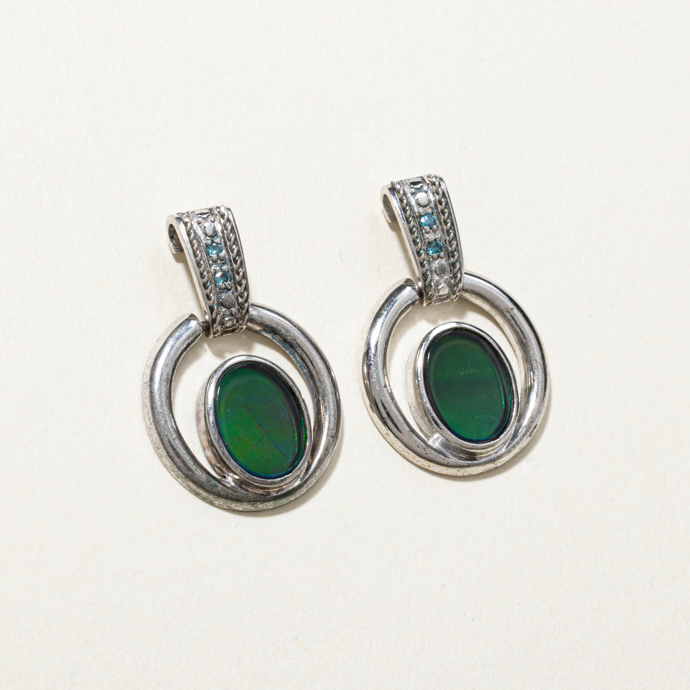Sterling Silver Ammolite & Blue Diamond Drop Earrings | 2.00ctw, 0.04ct