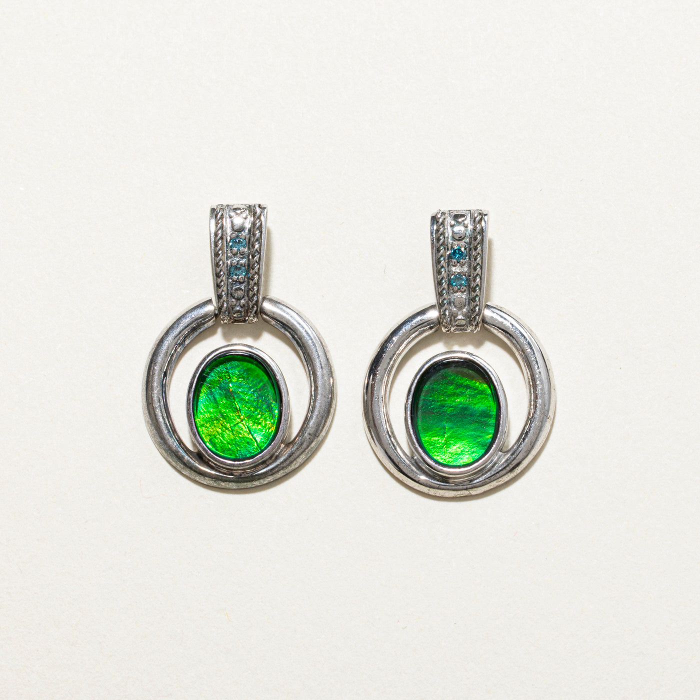 Sterling Silver Ammolite & Blue Diamond Drop Earrings | 2.00ctw, 0.04ct