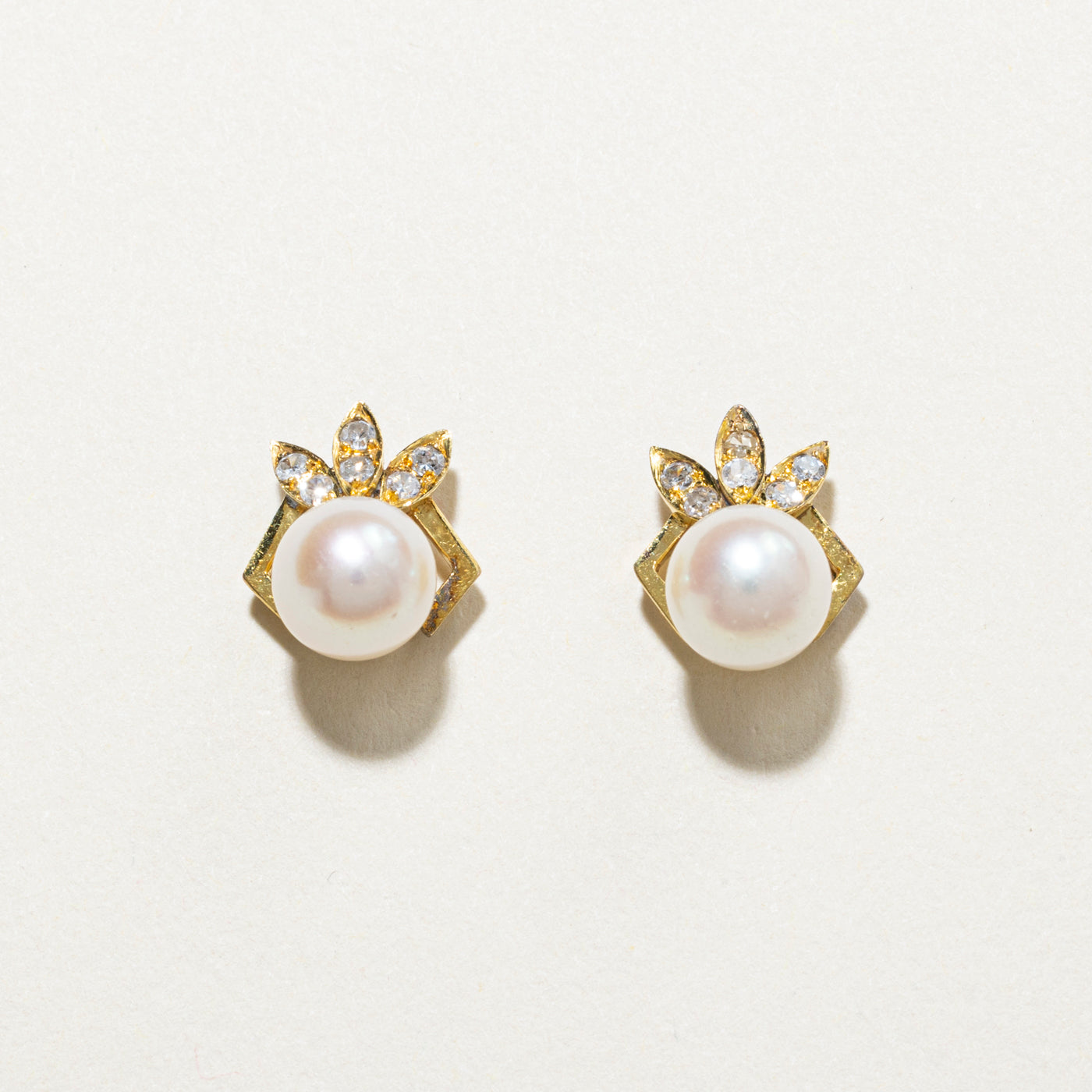 Yellow Gold Diamond & Pearl Stud Earrings | 0.12ct
