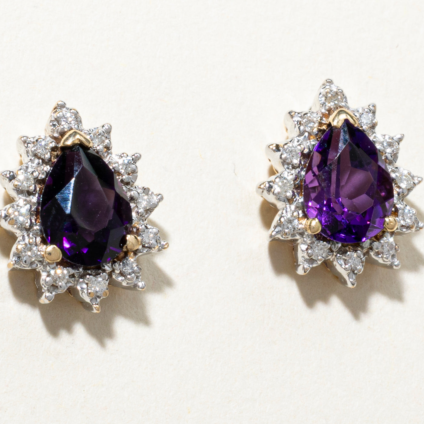 Pear Cut Amethyst & Diamond Halo Petal Stud Earrings | 1.90ctw, 0.20ct