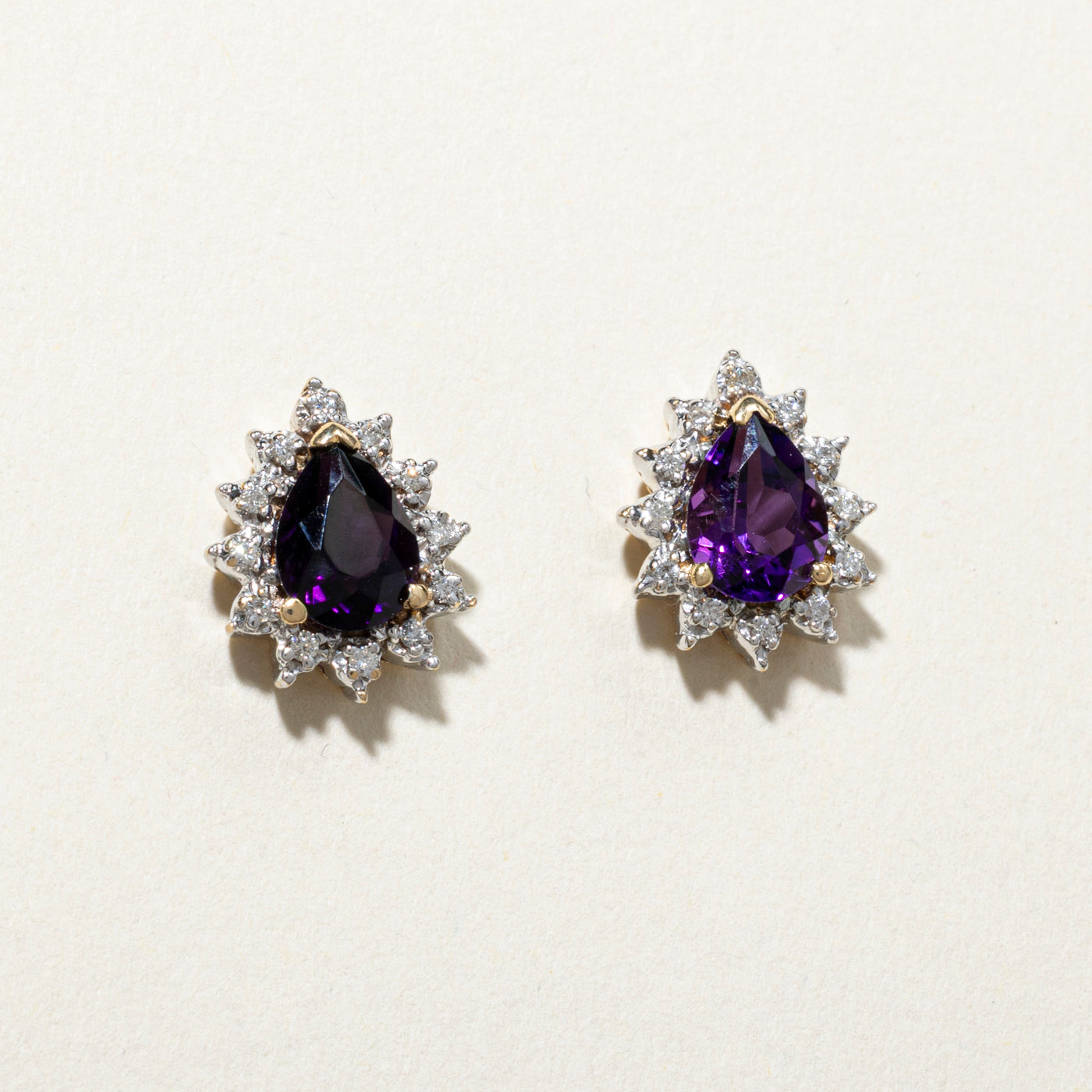 Pear Cut Amethyst & Diamond Halo Petal Stud Earrings | 1.90ctw, 0.20ct