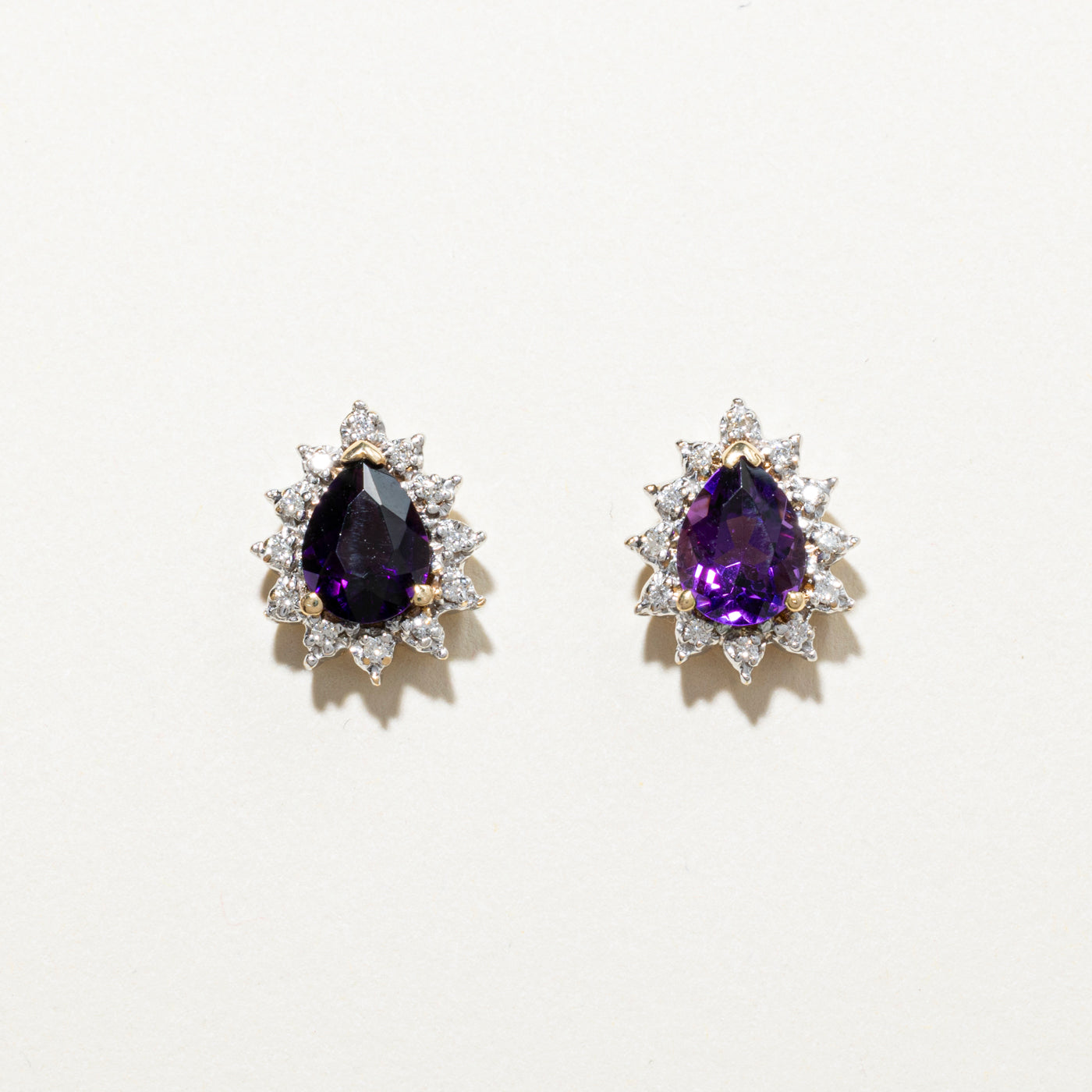 Pear Cut Amethyst & Diamond Halo Petal Stud Earrings | 1.90ctw, 0.20ct