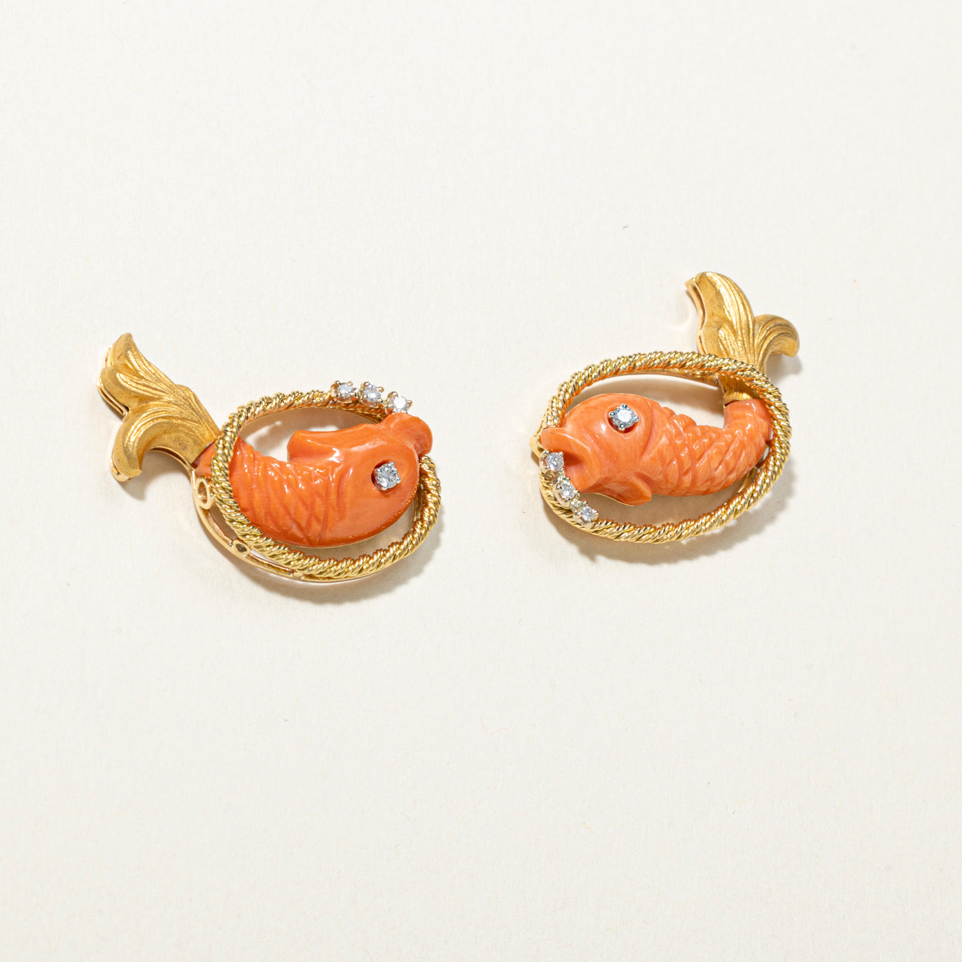 18k Coral & Diamond Fish Stud Earrings | 16.00ctw, 0.14ct