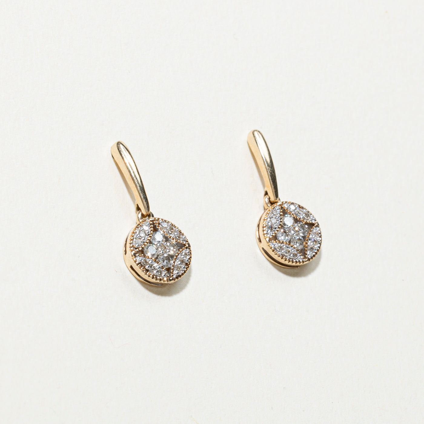 Yellow Gold Diamond Circle Cluster Drop Earrings | 0.23ct