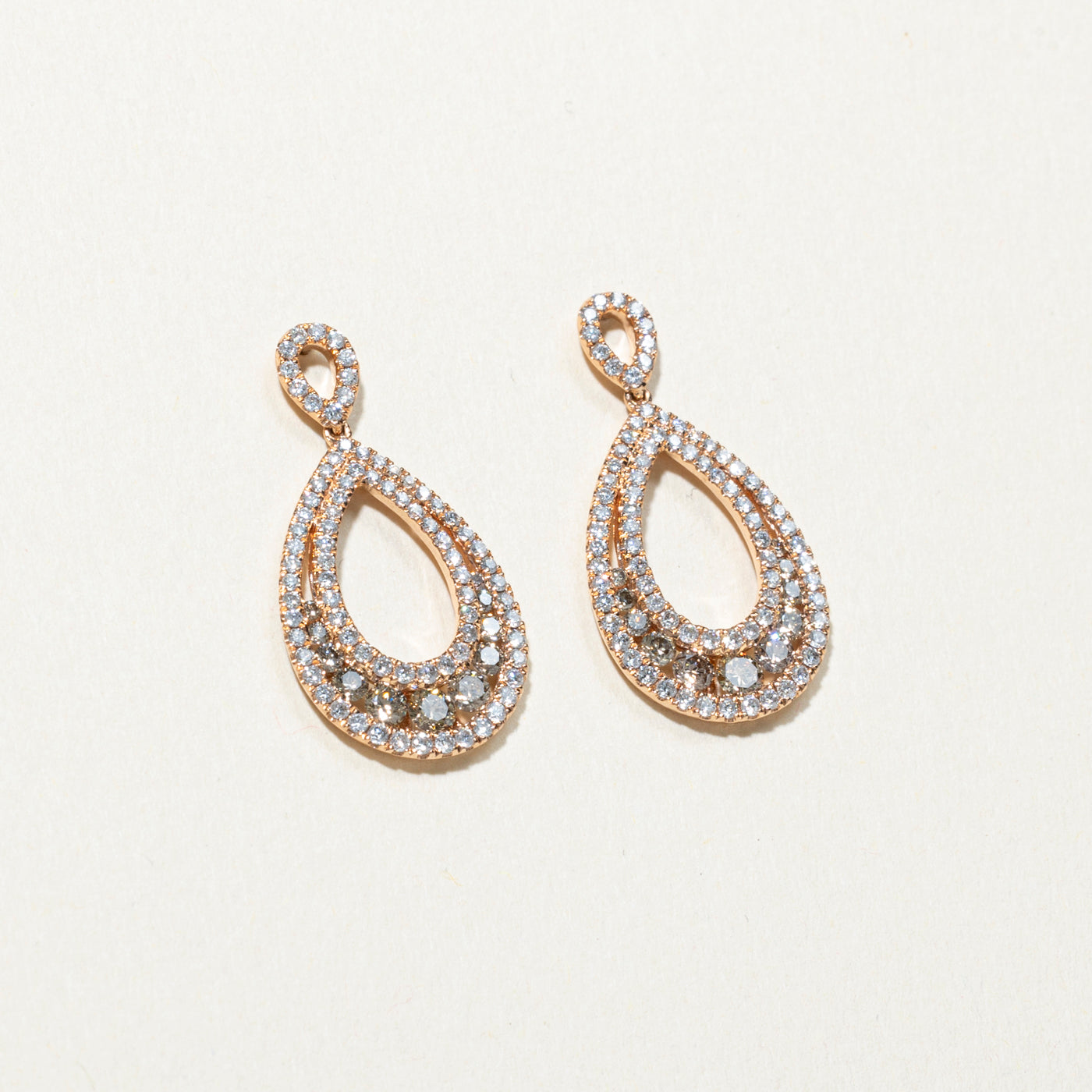 Brown & White Diamond Pear Shaped Drop Earrings | 1.42ctw