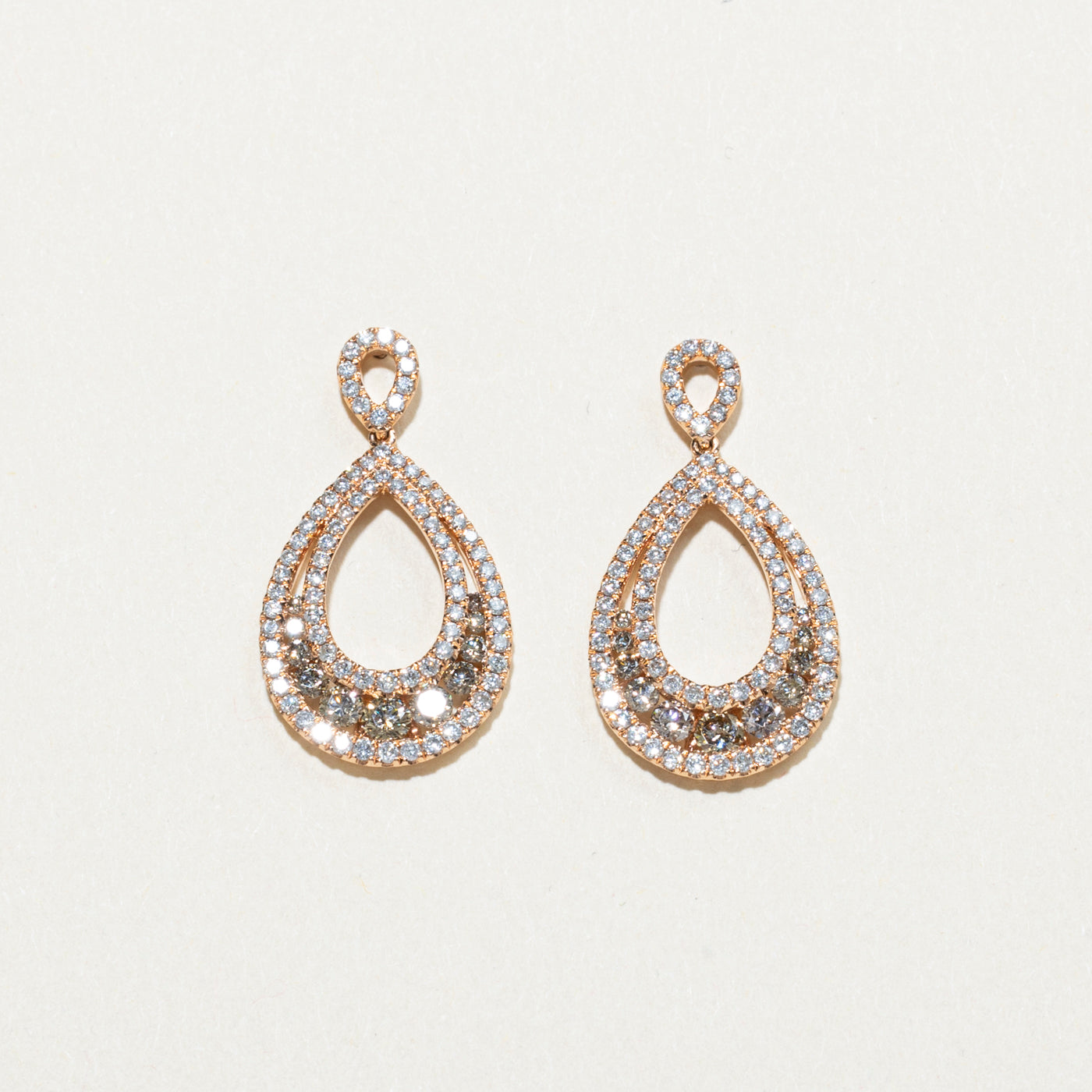 Brown & White Diamond Pear Shaped Drop Earrings | 1.42ctw