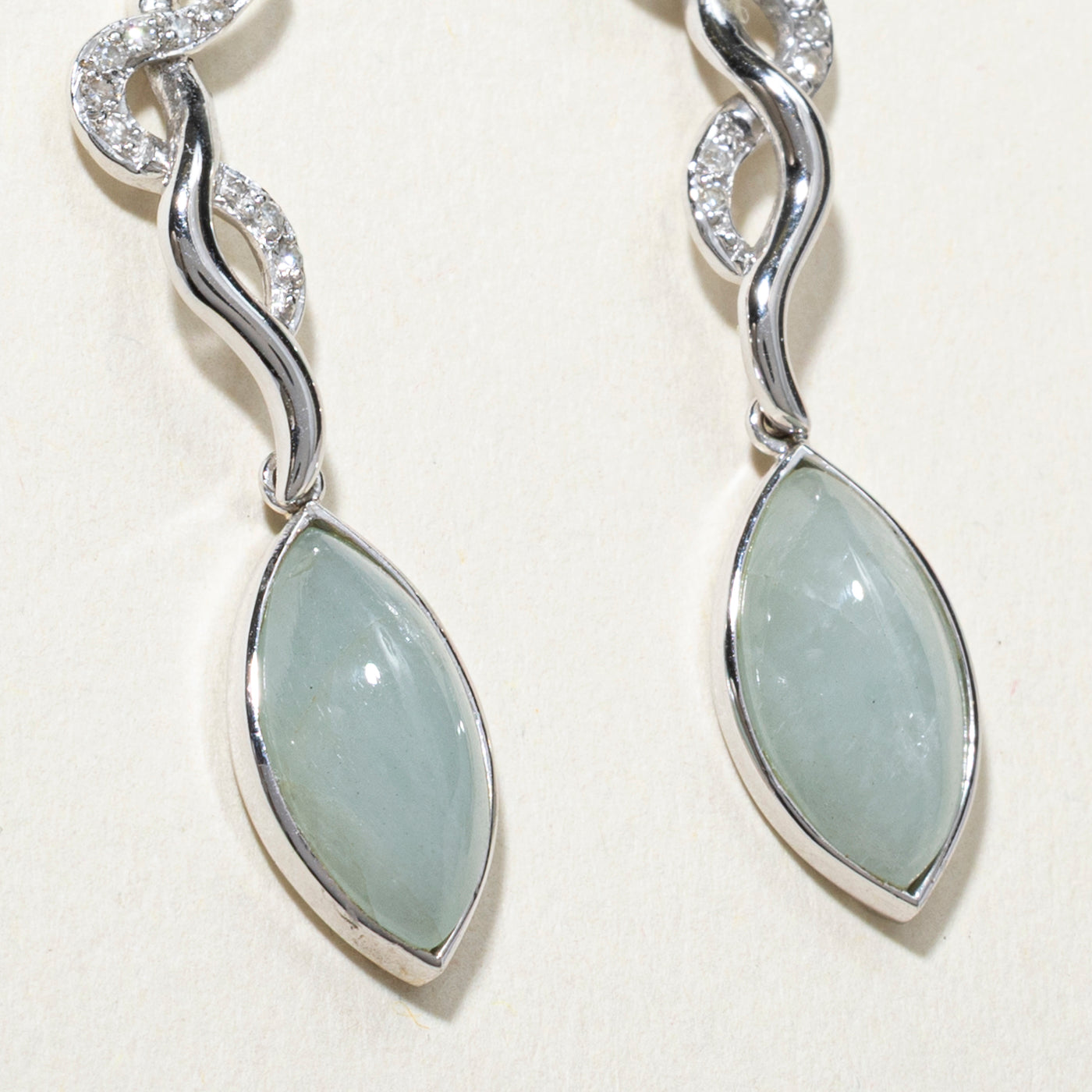 18k Solitaire Aquamarine & Diamond Wave Drop Earrings | 4.50ctw, 0.04ct