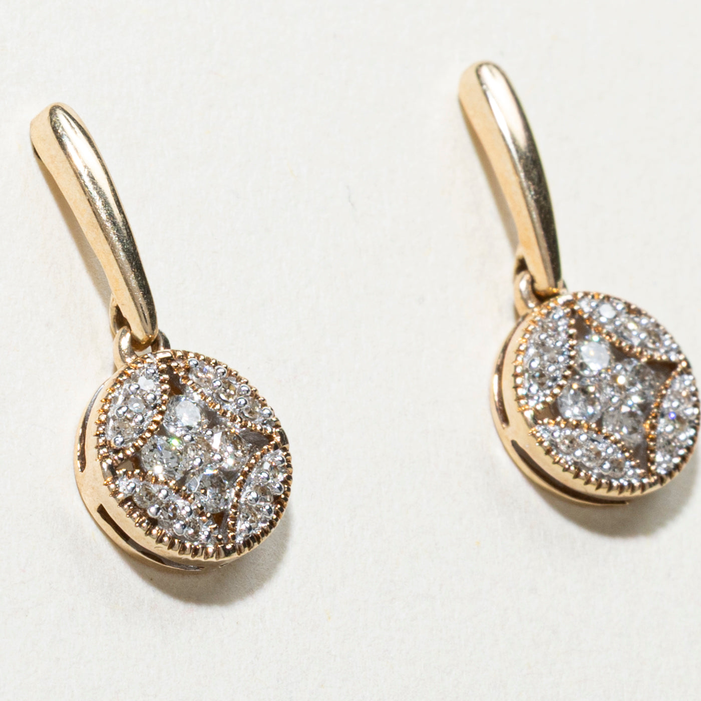 Yellow Gold Diamond Circle Cluster Drop Earrings | 0.23ct