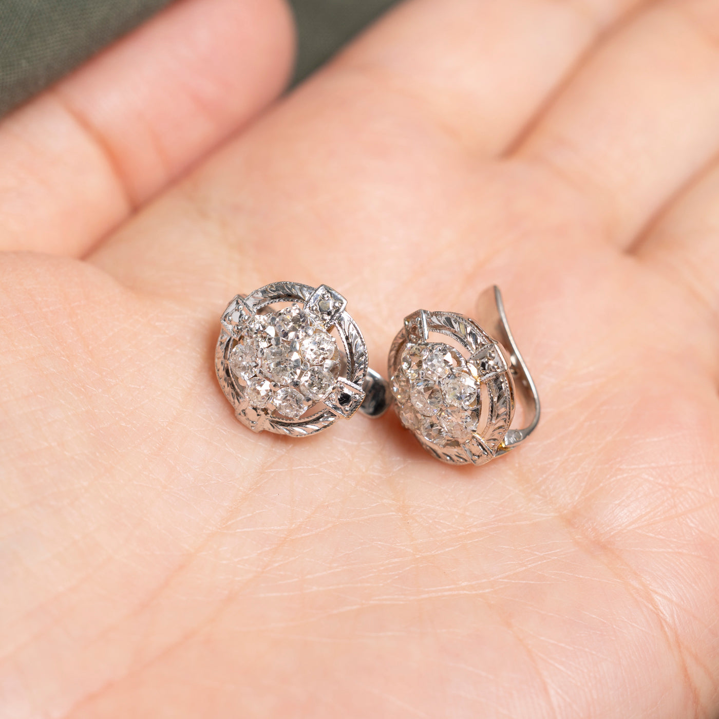 Old European Cut Diamond Cluster Engraved Stud Earrings | 1.96ctw