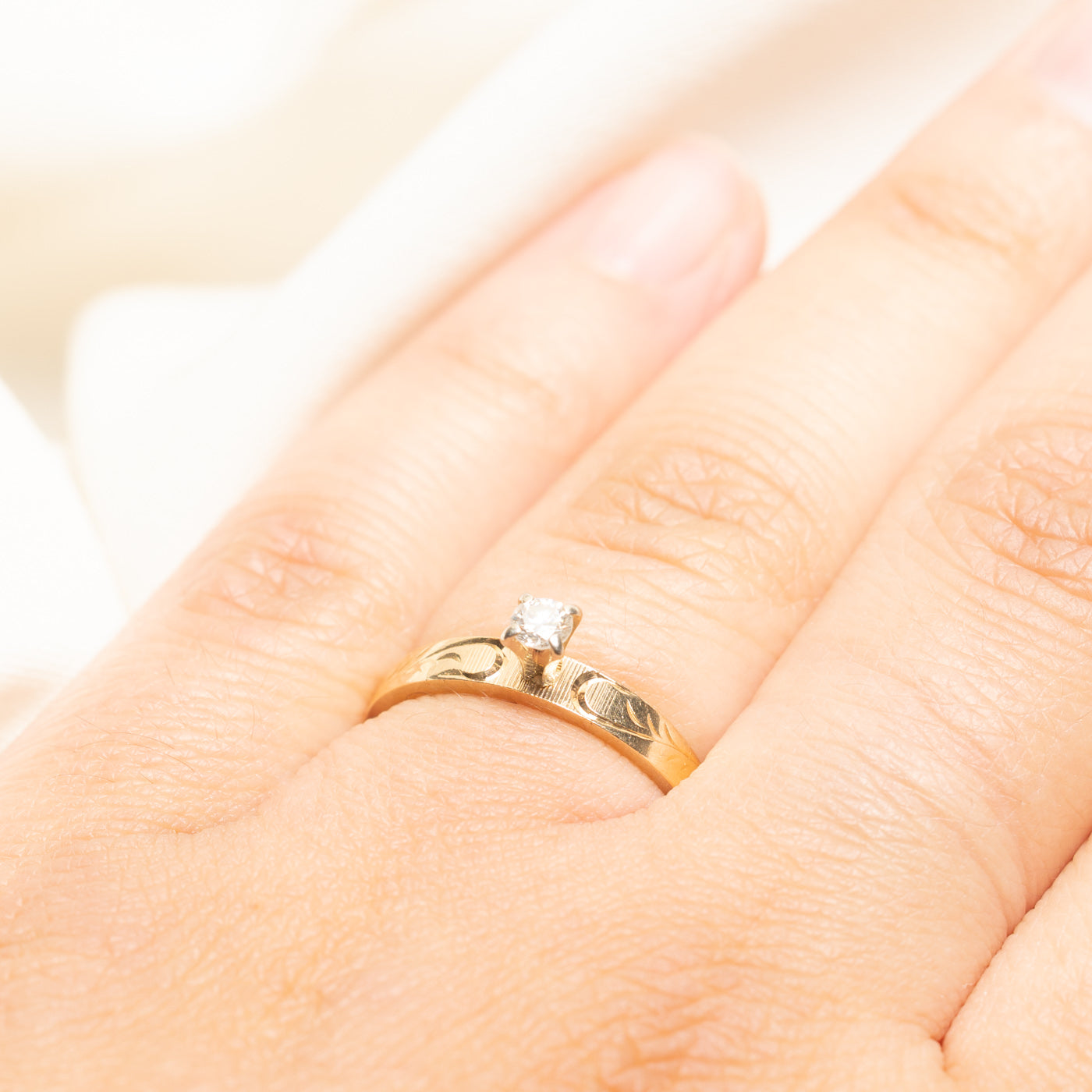 Bague solitaire en diamant gravée | 0,14 ct | Taille 5,5