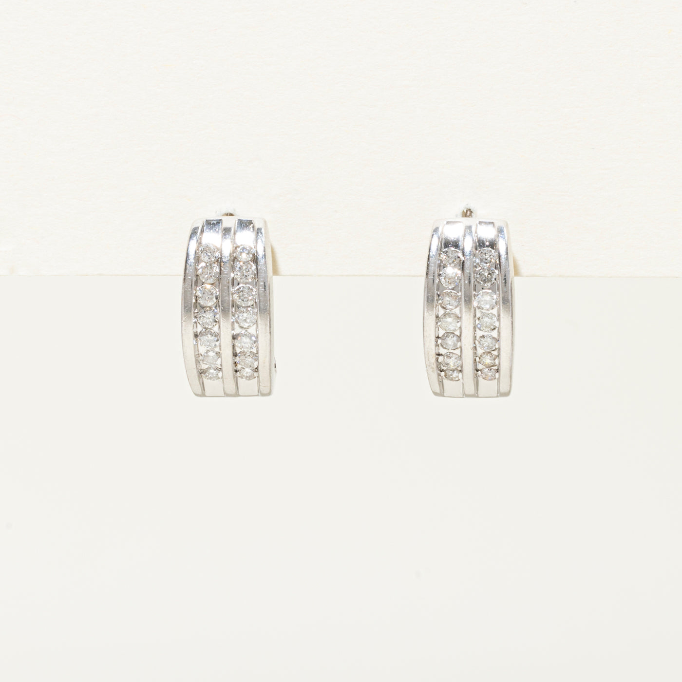 White Gold Double Row Diamond Half Huggie Earrings | 0.5ctw | 15mm